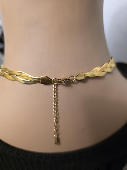 Gold Braided Herringbone Day Collar Choker Necklace, Permanent Locking Clasp Option, Intimate BDSM Jewelry