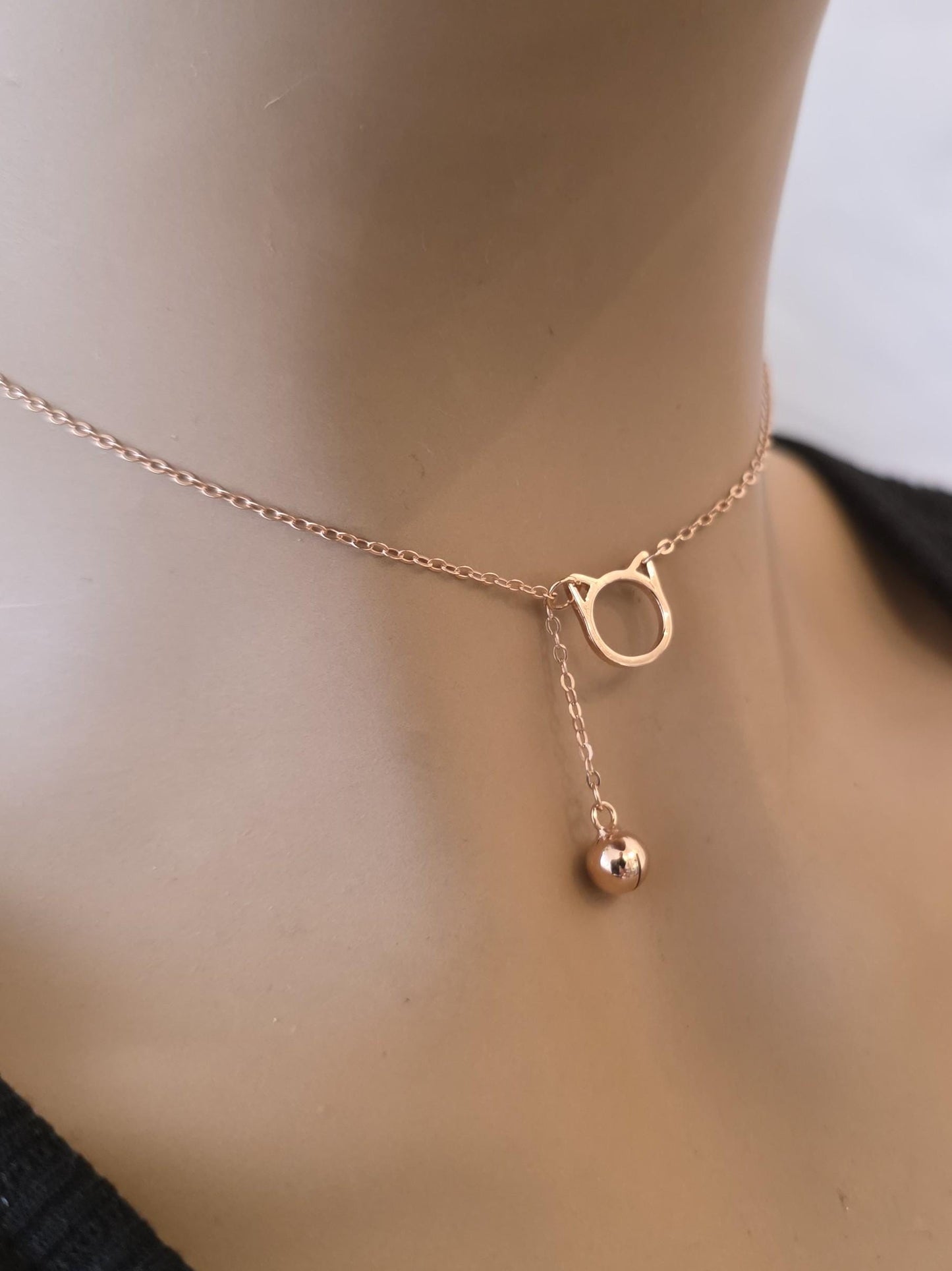 Rose Gold plated 925 Solid Sterling Silver Kitty & Bell Day Collar Choker Necklace - Intimate Partner Jewelry