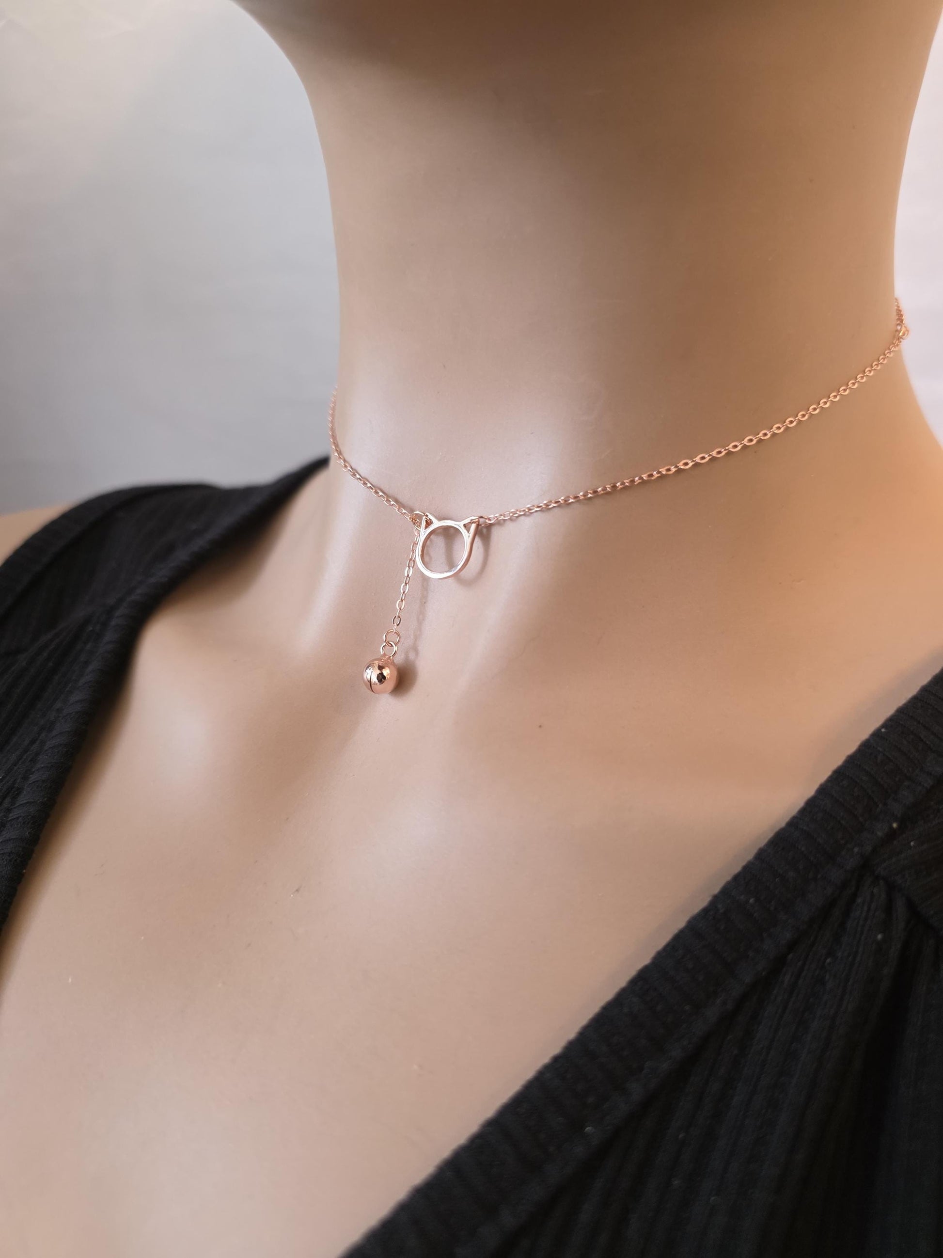 Rose Gold plated 925 Solid Sterling Silver Kitty & Bell Day Collar Choker Necklace - Intimate Partner Jewelry