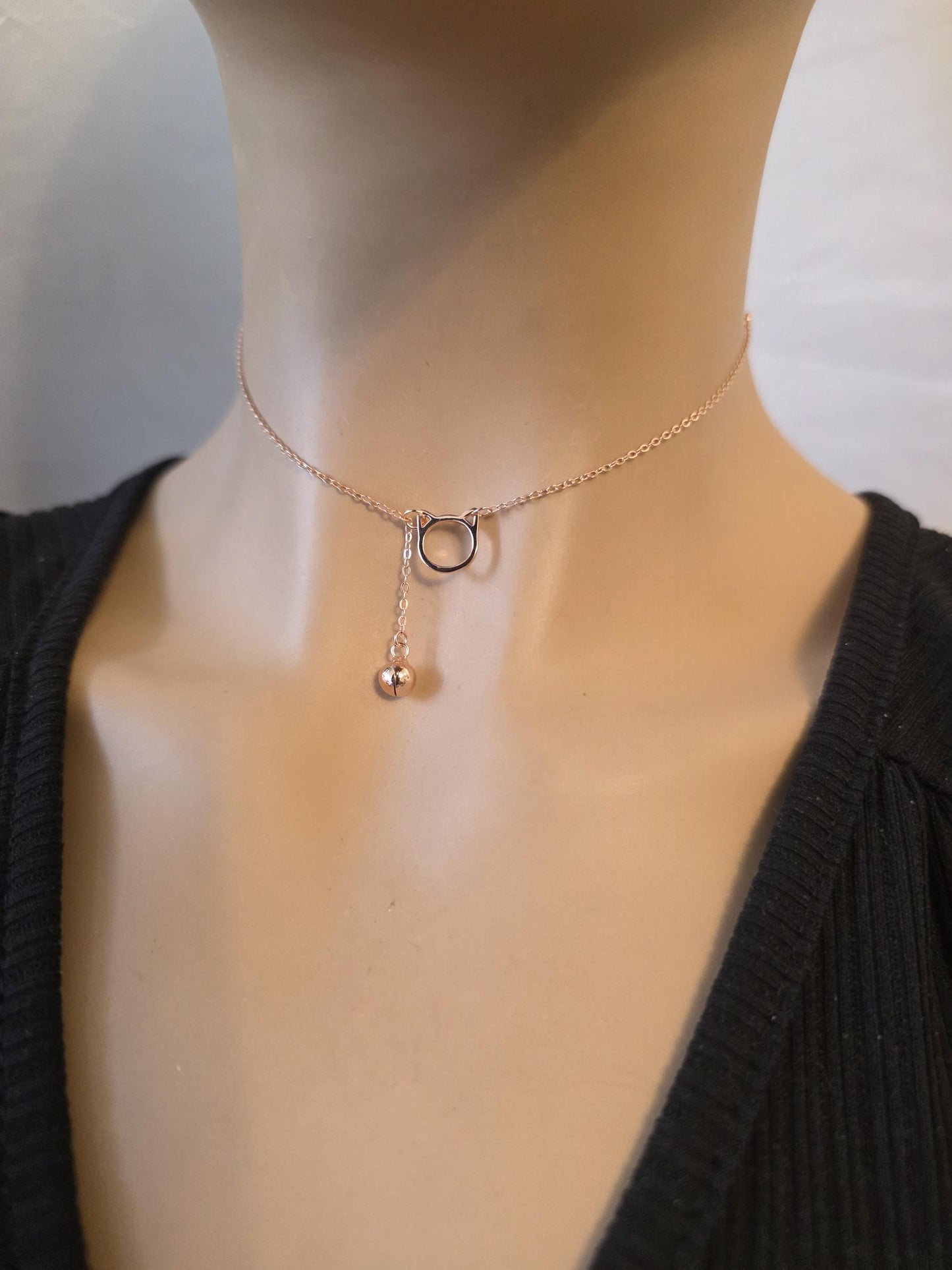 Rose Gold plated 925 Solid Sterling Silver Kitty & Bell Day Collar Choker Necklace - Intimate Partner Jewelry