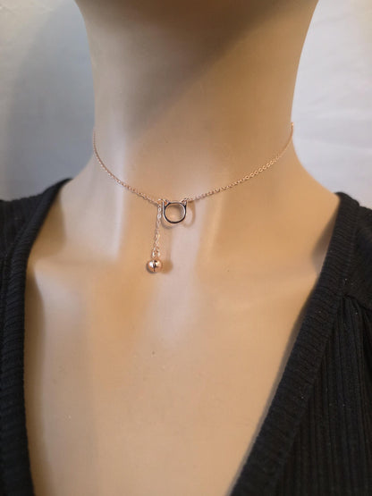Rose Gold plated 925 Solid Sterling Silver Kitty & Bell Day Collar Choker Necklace - Intimate Partner Jewelry