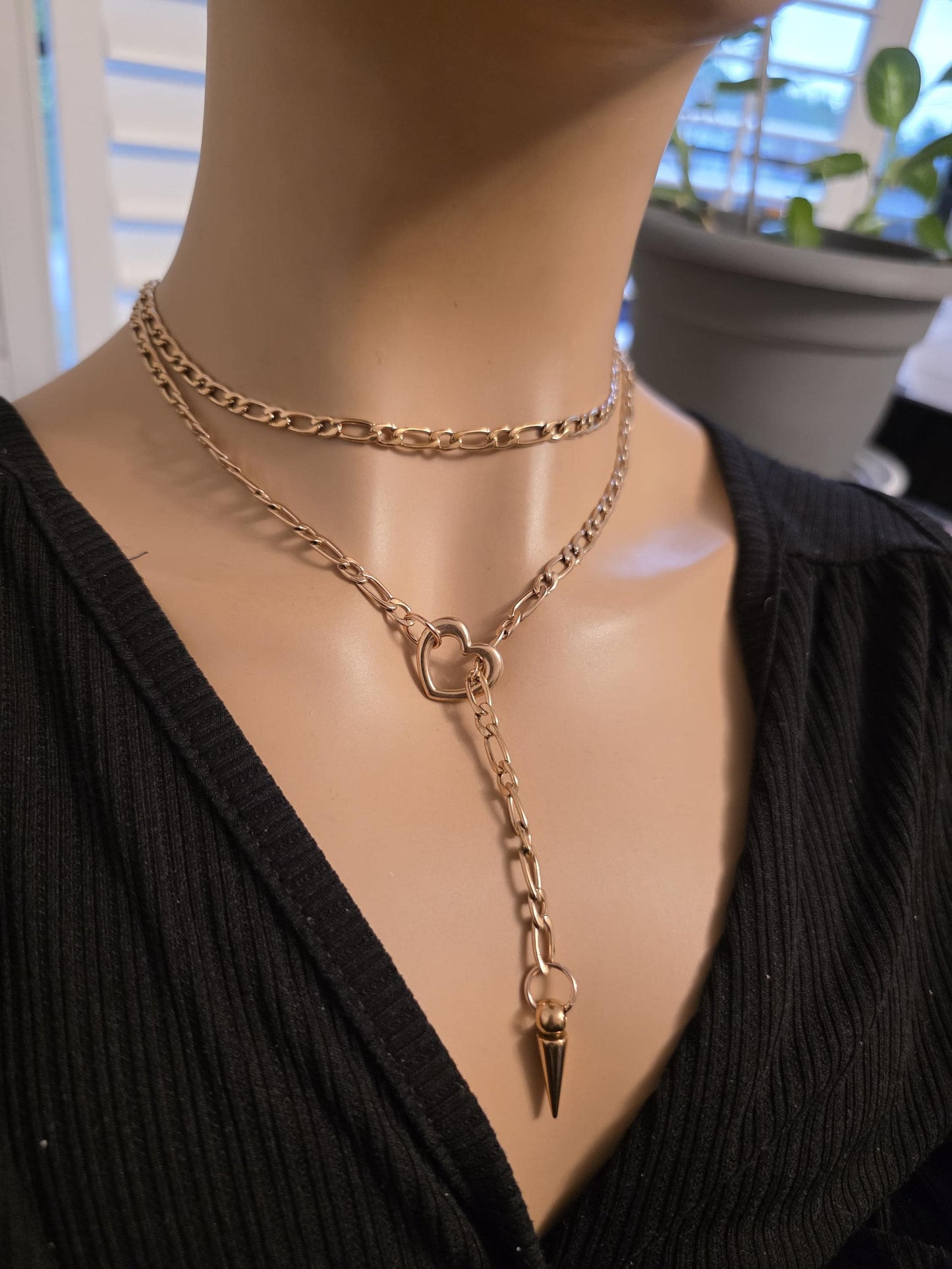 Rose Gold Plated Steel Slip Chain Lariat Heart Necklace with spike Pendant: Discreet Day Collar Couples Jewelry