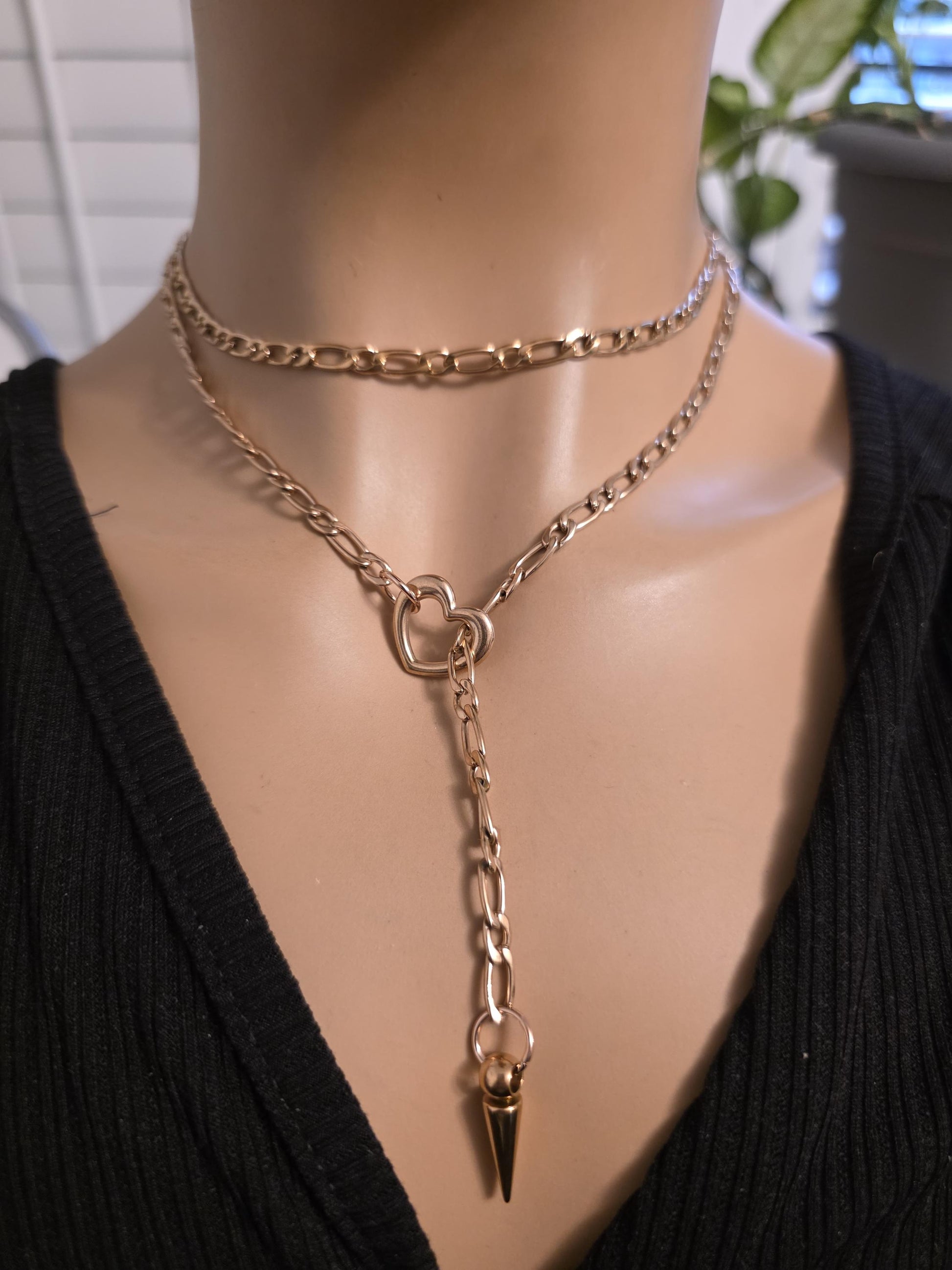 Rose Gold Plated Steel Slip Chain Lariat Heart Necklace with spike Pendant: Discreet Day Collar Couples Jewelry