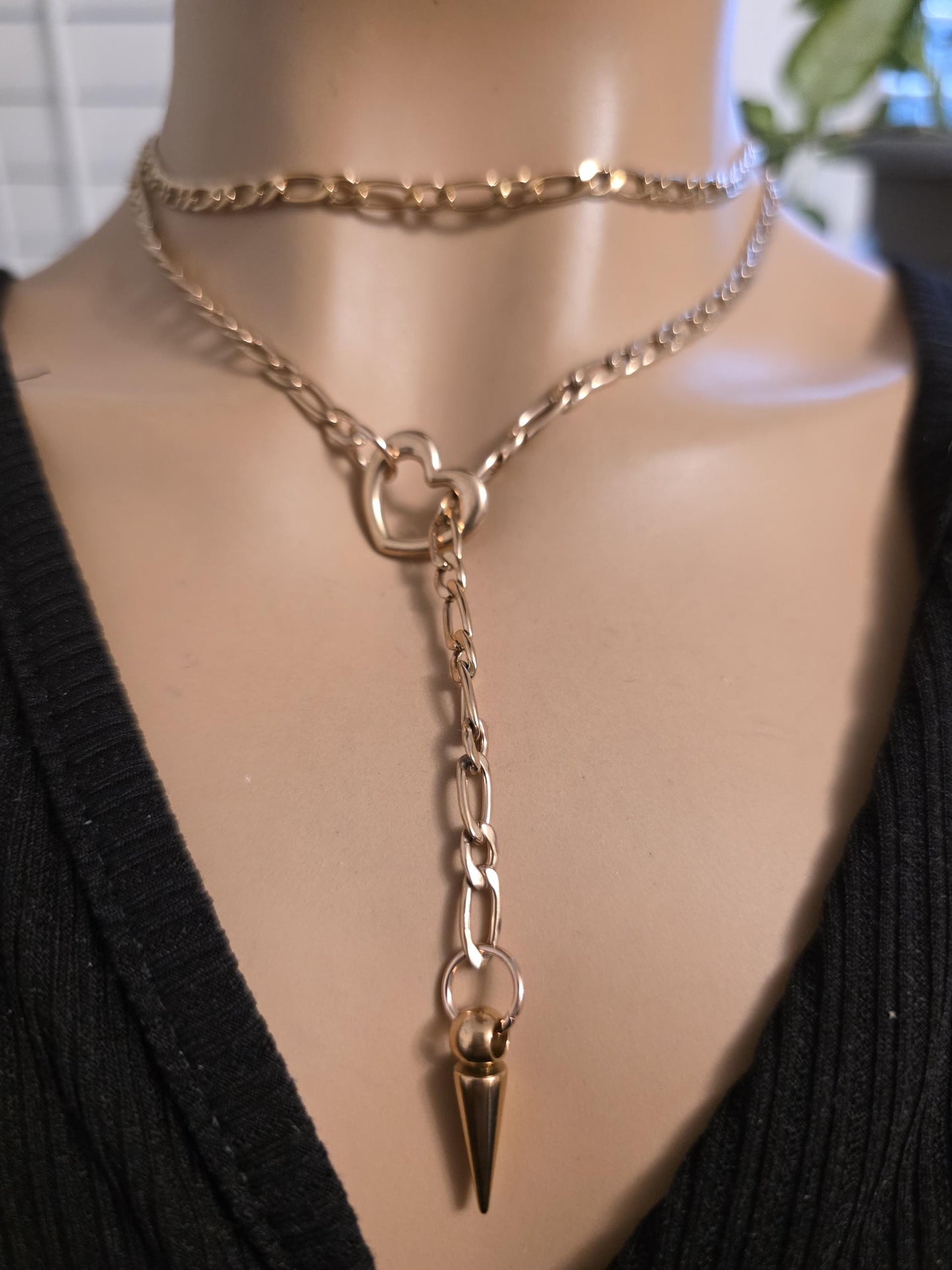 Rose Gold Plated Steel Slip Chain Lariat Heart Necklace with spike Pendant: Discreet Day Collar Couples Jewelry