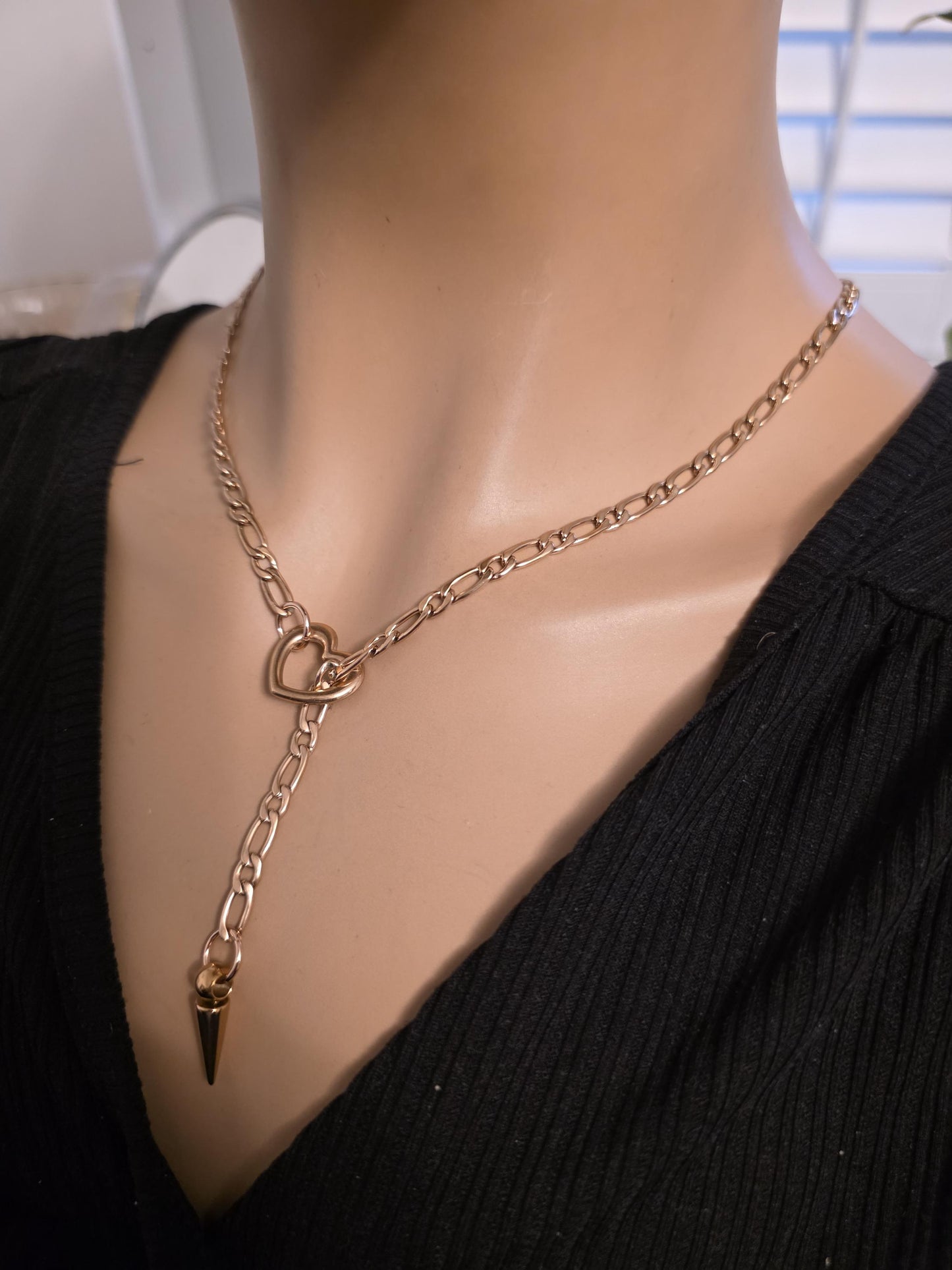 Rose Gold Plated Steel Slip Chain Lariat Heart Necklace with spike Pendant: Discreet Day Collar Couples Jewelry