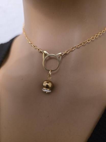 Gold Kitten Bell Kitty Cat Day Collar Choker Intimate Partner Necklace Coquette with Permanent Locking Option