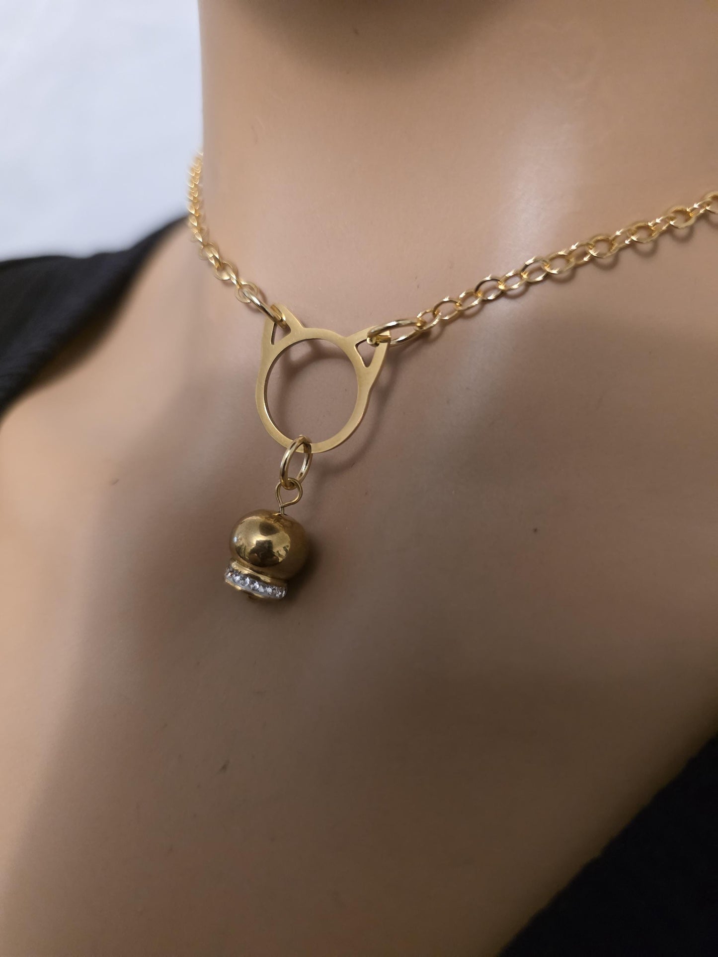 Gold Kitten Bell Kitty Cat Day Collar Choker Intimate Partner Necklace Coquette with Permanent Locking Option