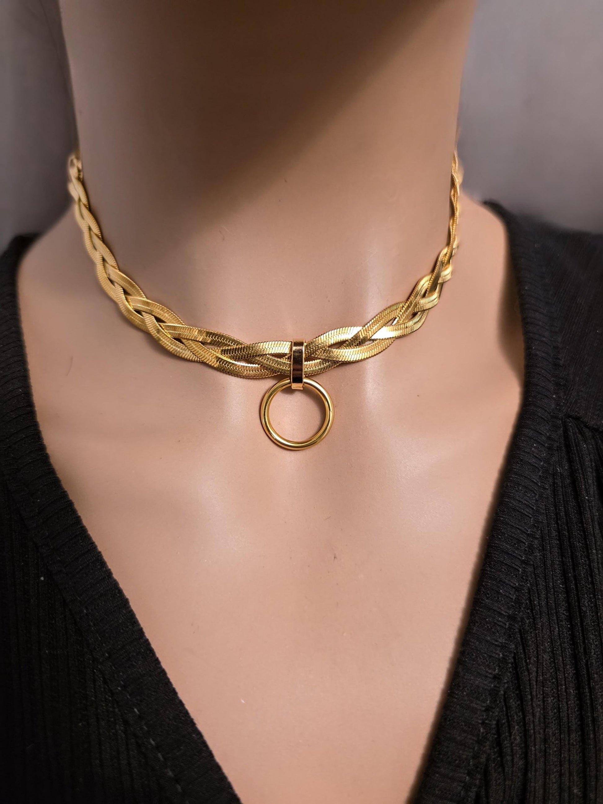 Gold Braided Herringbone Day Collar Choker Necklace, Permanent Locking Clasp Option, Intimate BDSM Jewelry