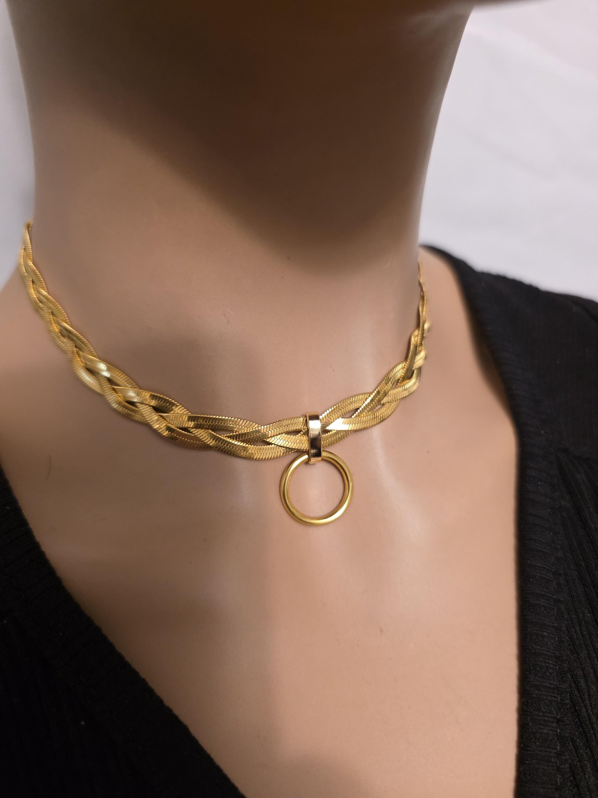 Gold Braided Herringbone Day Collar Choker Necklace, Permanent Locking Clasp Option, Intimate BDSM Jewelry
