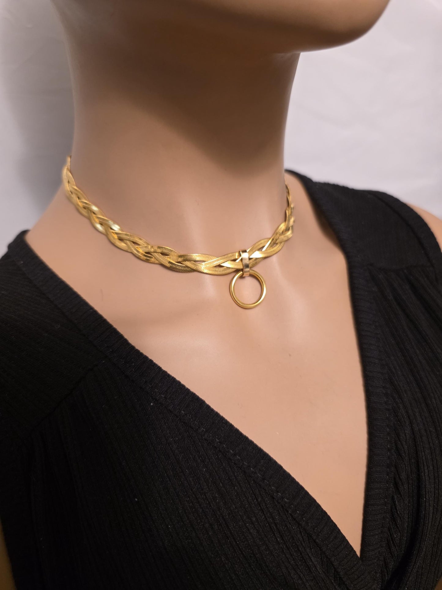Gold Braided Herringbone Day Collar Choker Necklace, Permanent Locking Clasp Option, Intimate BDSM Jewelry
