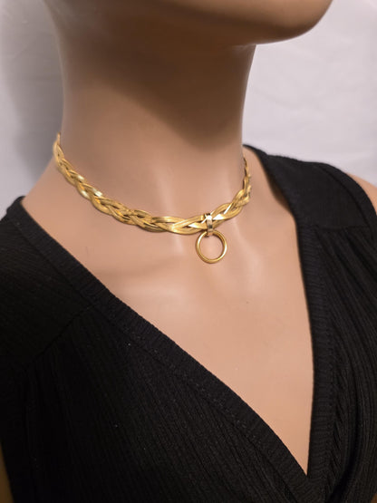 Gold Braided Herringbone Day Collar Choker Necklace, Permanent Locking Clasp Option, Intimate BDSM Jewelry