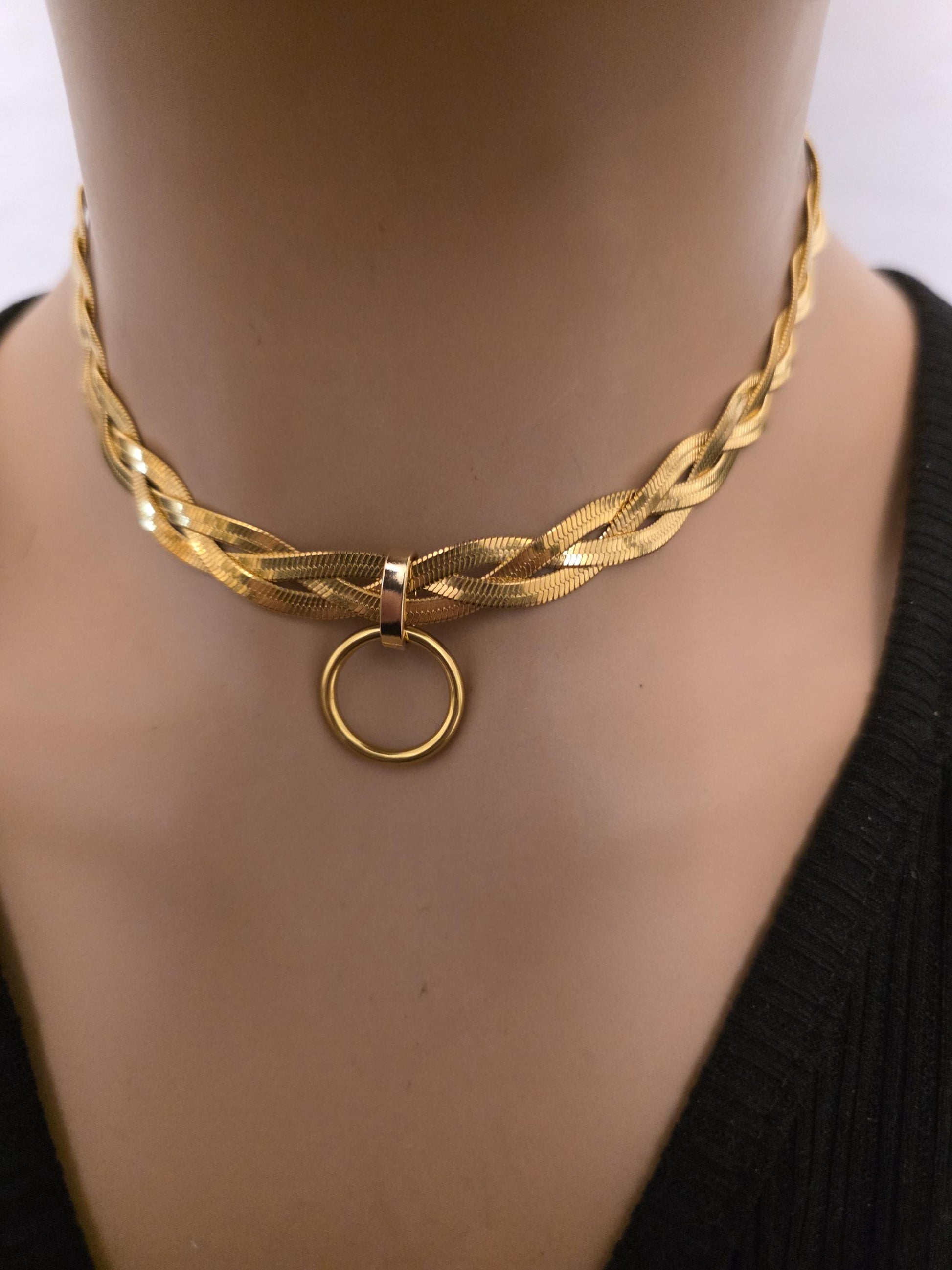 Gold Braided Herringbone Day Collar Choker Necklace, Permanent Locking Clasp Option, Intimate BDSM Jewelry