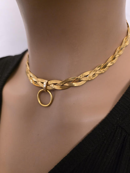 Gold Braided Herringbone Day Collar Choker Necklace, Permanent Locking Clasp Option, Intimate BDSM Jewelry