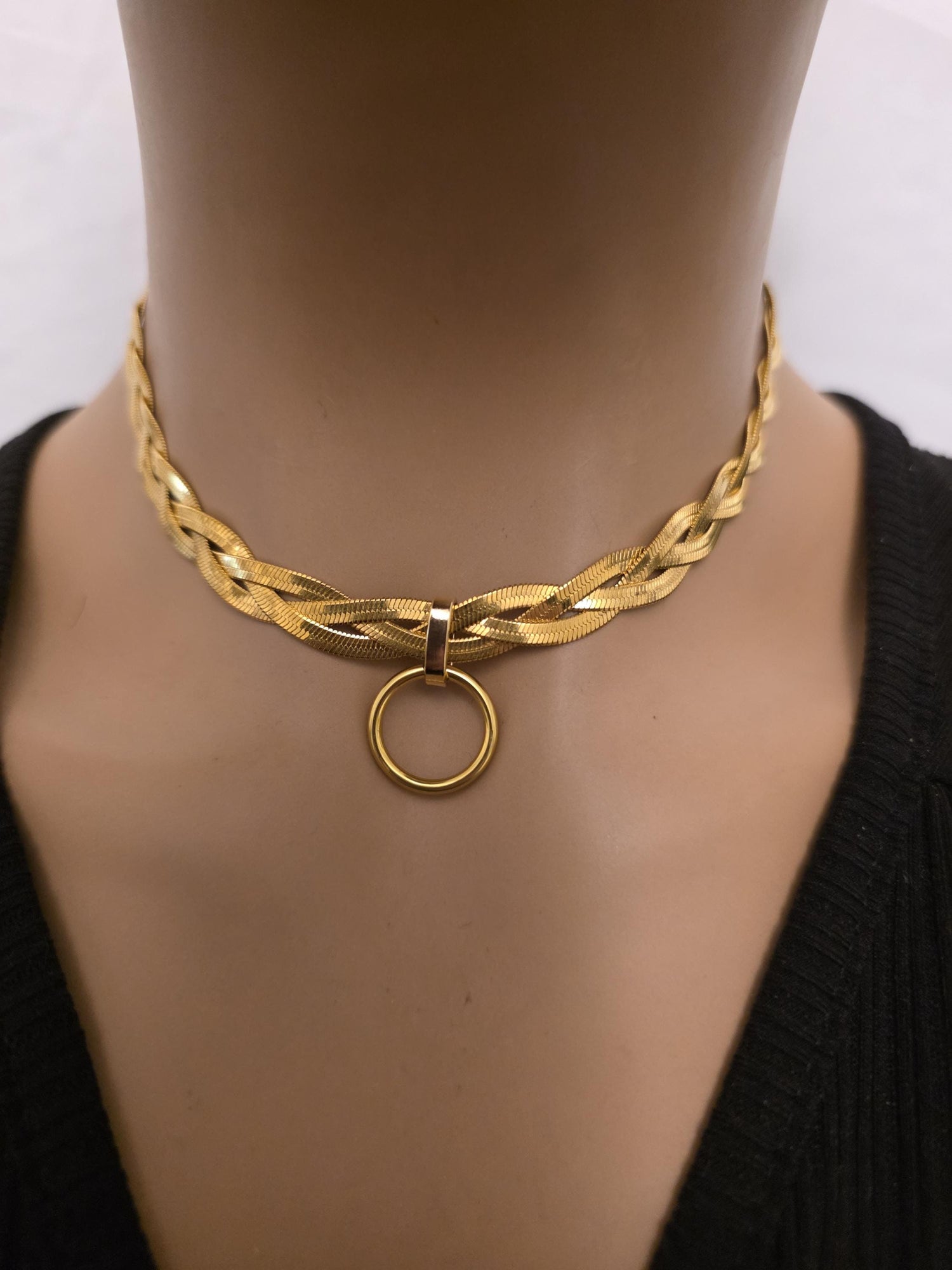 Gold Braided Herringbone Day Collar Choker Necklace, Permanent Locking Clasp Option, Intimate BDSM Jewelry