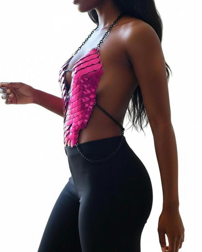 Halloween Metal Pink Festival Outfit Scalemail Corset Top, or Rave Viking, Dragon, Fairy Cosplay Costume, - QUALITY MADE in CANADA