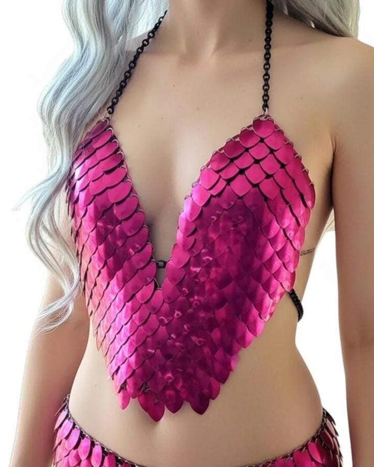 Halloween Metal Pink Festival Outfit Scalemail Corset Top, or Rave Viking, Dragon, Fairy Cosplay Costume, - QUALITY MADE in CANADA