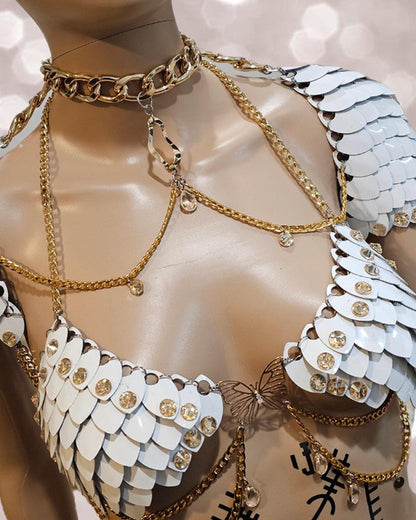 Metal White Shoulder Armor, Fantasy Scalemail Dragon Scale Womens Armor, Royal Fae Gala Fairytale Costume, Viking, Fairy Cosplay, Bookish