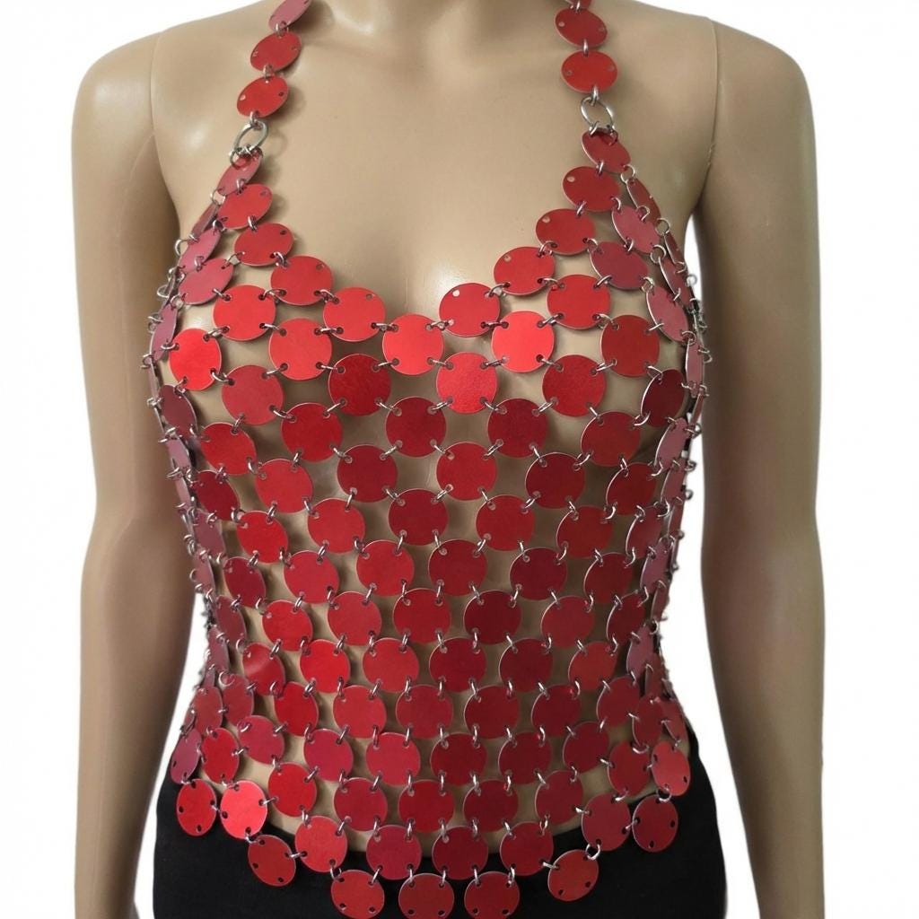 Metal Sequin Festival Top: Red Aluminum, Waterproof Formal Red Carpet Unique Outfit