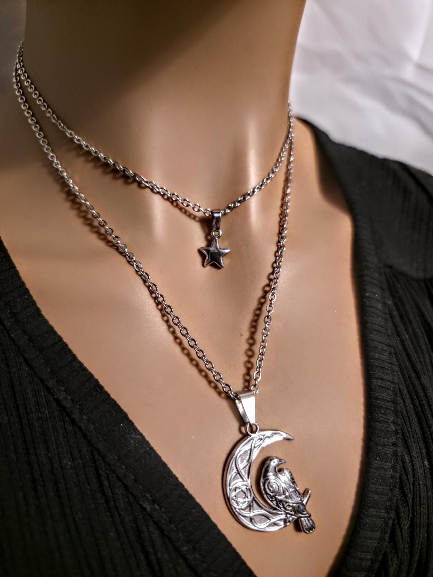 Crescent Moon Raven Star Norse Viking Celestial Layered Pendant Necklace: Gothic Witchy Jewelry