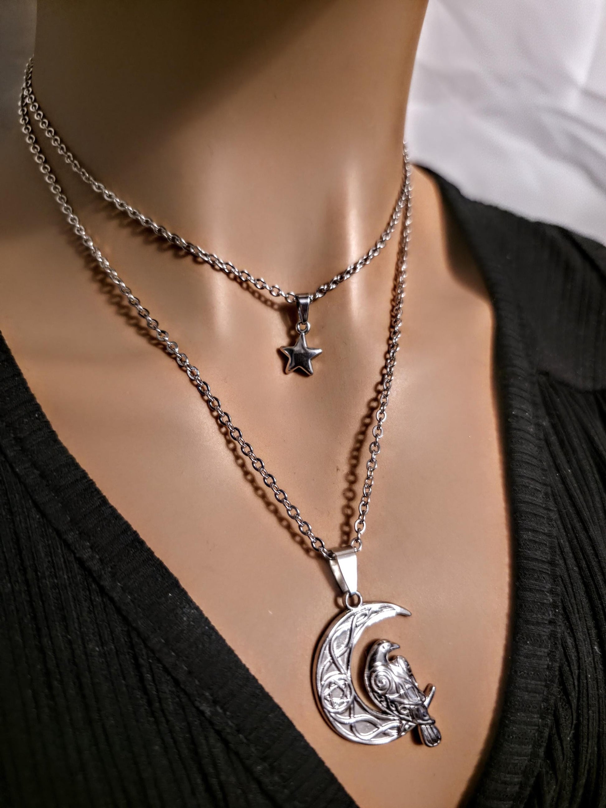 Crescent Moon Raven Star Norse Viking Celestial Layered Pendant Necklace: Gothic Witchy Jewelry