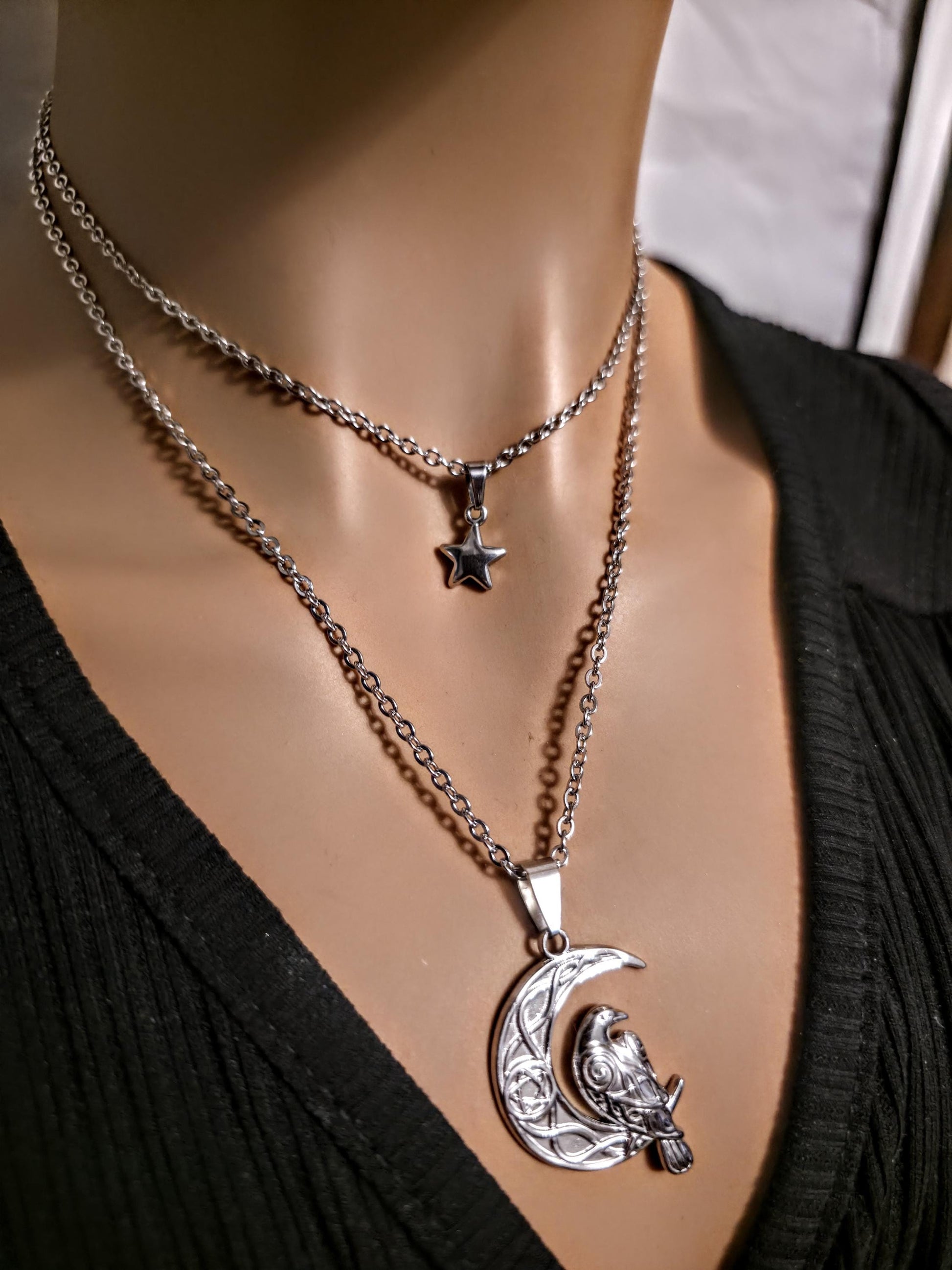 Crescent Moon Raven Star Norse Viking Celestial Layered Pendant Necklace: Gothic Witchy Jewelry