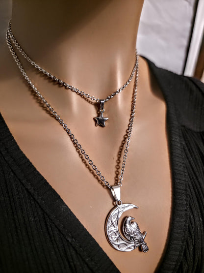 Crescent Moon Raven Star Norse Viking Celestial Layered Pendant Necklace: Gothic Witchy Jewelry