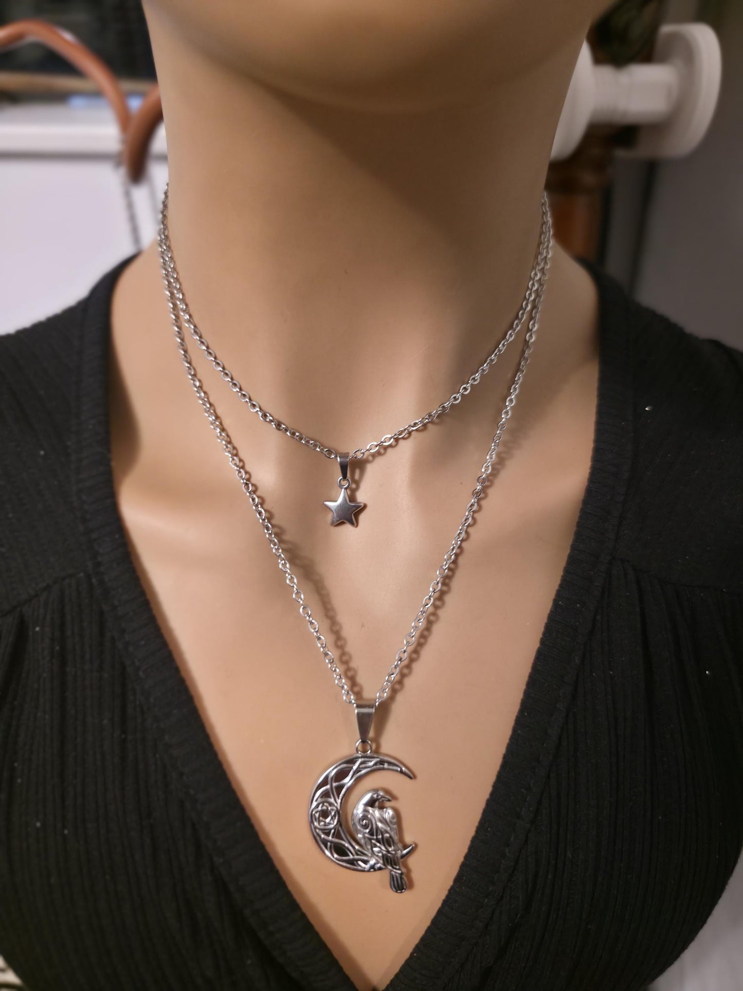 Crescent Moon Raven Star Norse Viking Celestial Layered Pendant Necklace: Gothic Witchy Jewelry