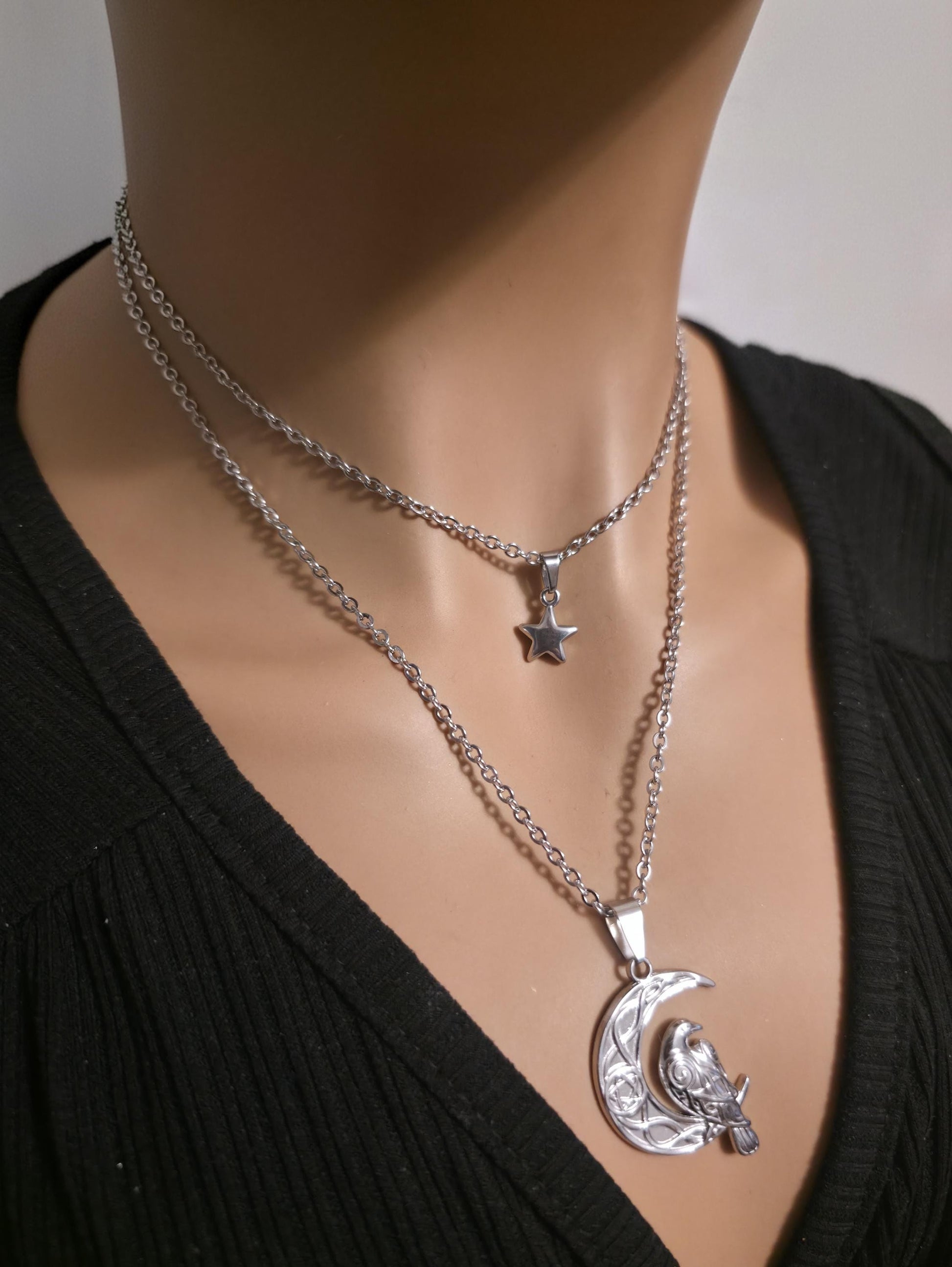 Crescent Moon Raven Star Norse Viking Celestial Layered Pendant Necklace: Gothic Witchy Jewelry
