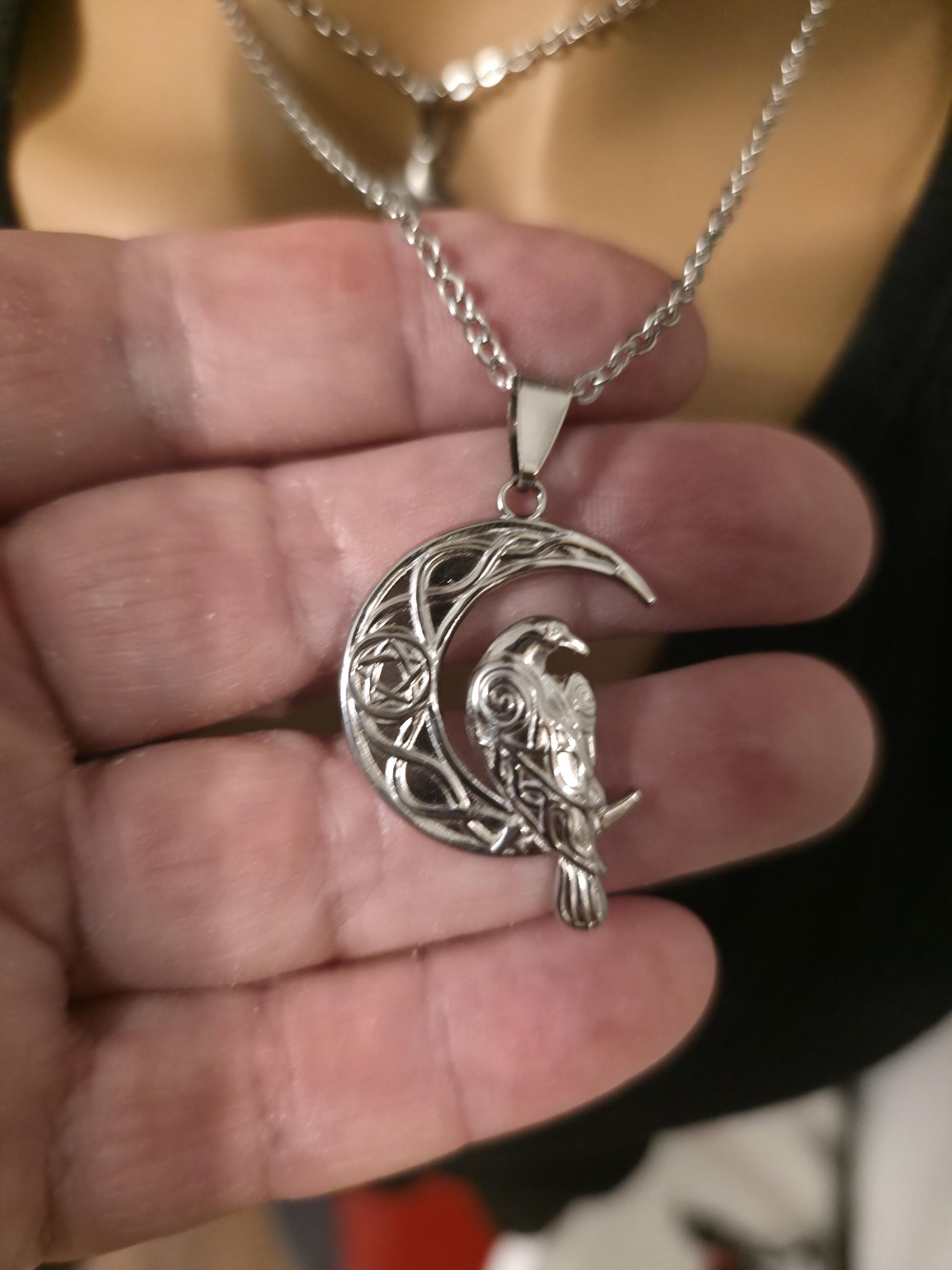 Crescent Moon Raven Star Norse Viking Celestial Layered Pendant Necklace: Gothic Witchy Jewelry
