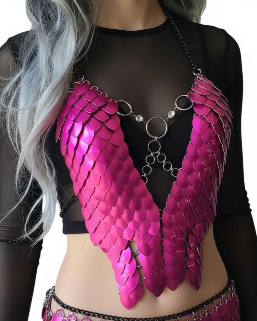 Halloween Metal Pink Festival Outfit Scalemail Corset Top, or Rave Viking, Dragon, Fairy Cosplay Costume, - QUALITY MADE in CANADA