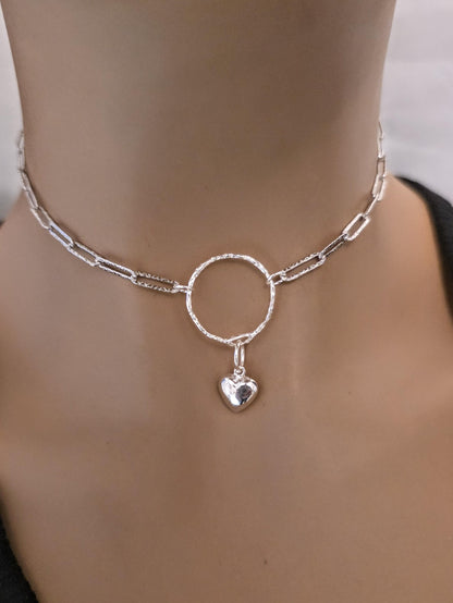 Sterling Silver Day Collar O Ring Necklace with Heart Charm, BDSM Romantic Partner Jewelry