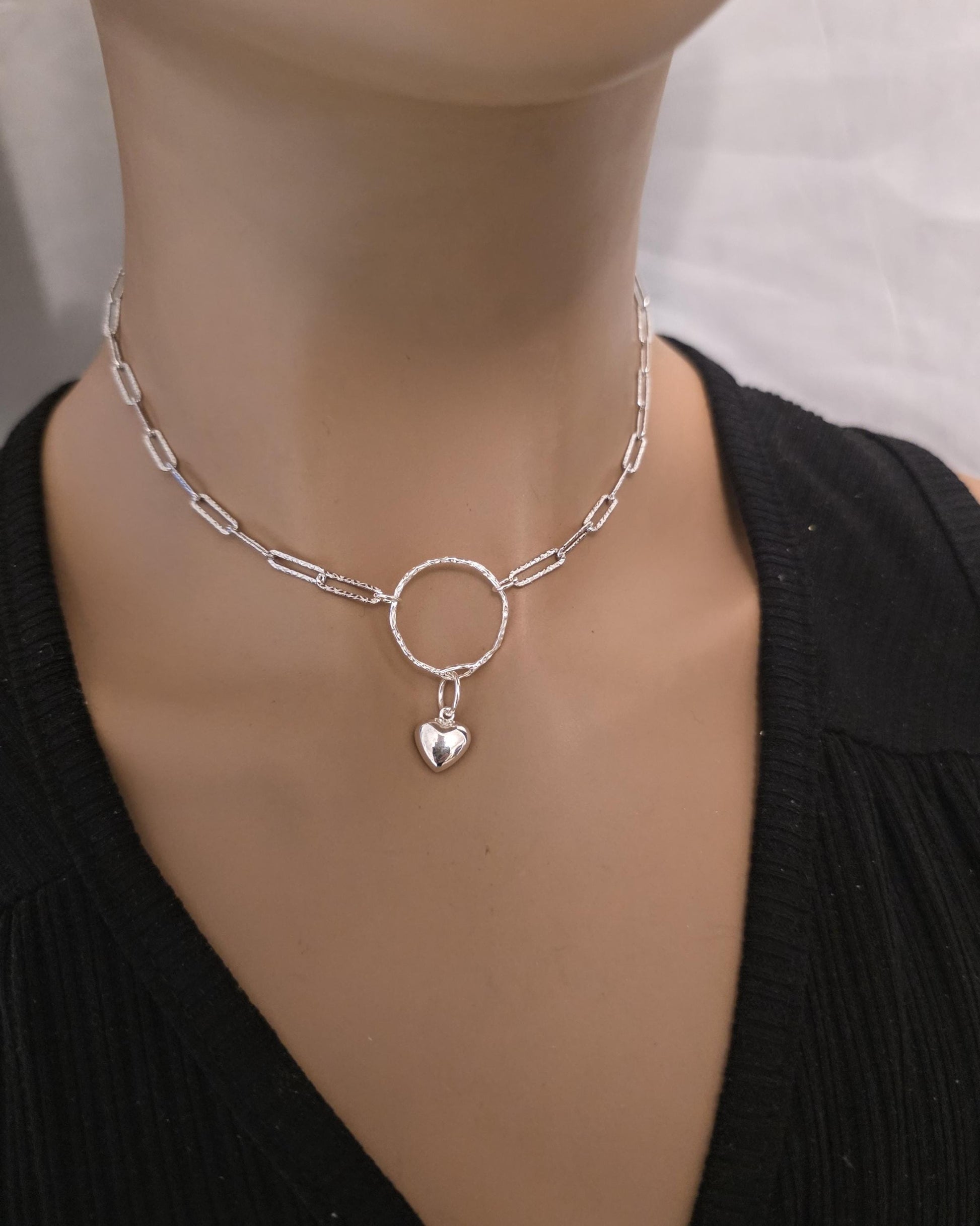 Sterling Silver Day Collar O Ring Necklace with Heart Charm, BDSM Romantic Partner Jewelry