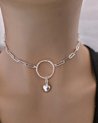 Sterling Silver Day Collar O Ring Necklace with Heart Charm, BDSM Romantic Partner Jewelry