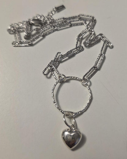 Sterling Silver Day Collar O Ring Necklace with Heart Charm, BDSM Romantic Partner Jewelry