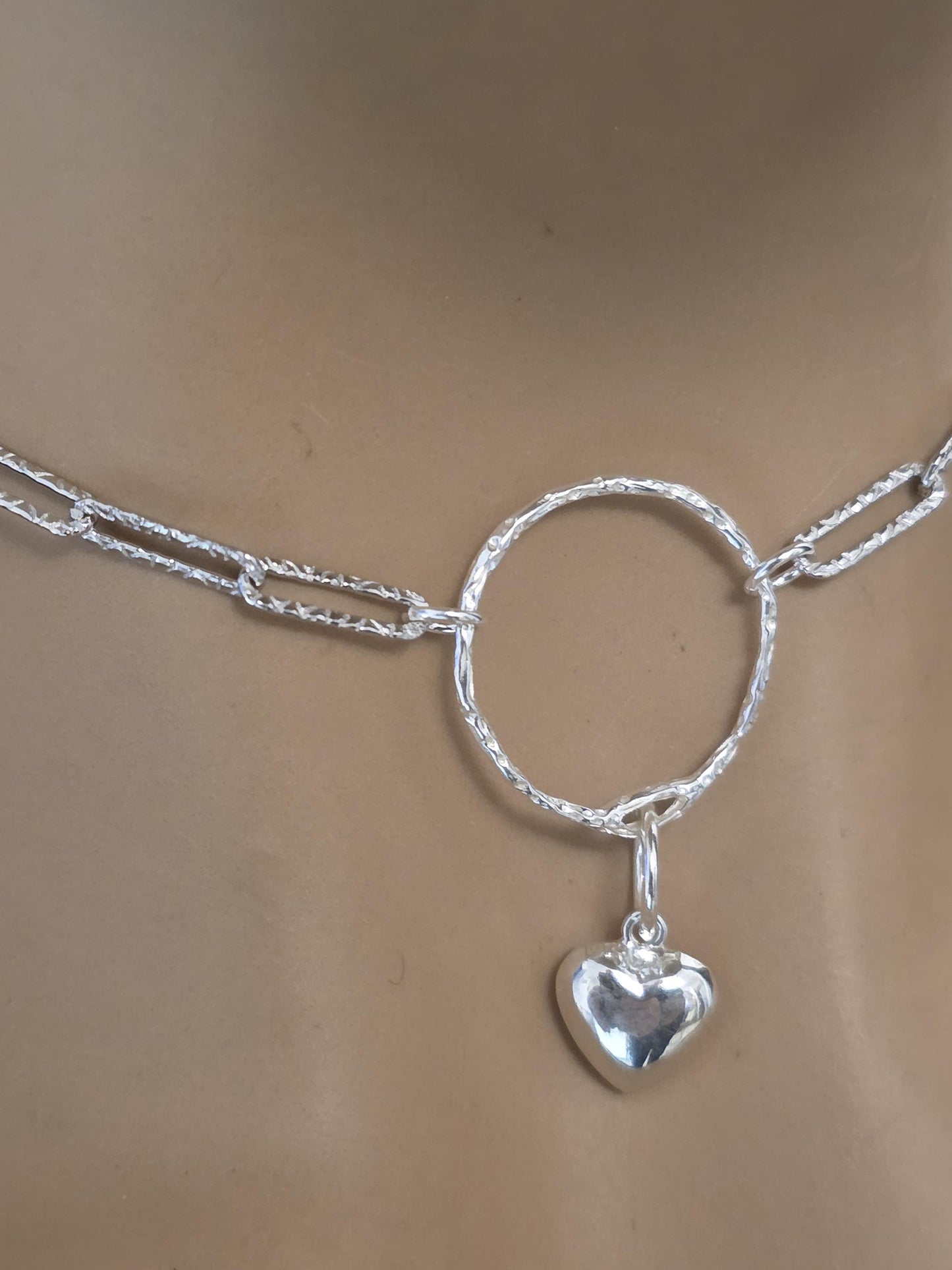 Sterling Silver Day Collar O Ring Necklace with Heart Charm, BDSM Romantic Partner Jewelry