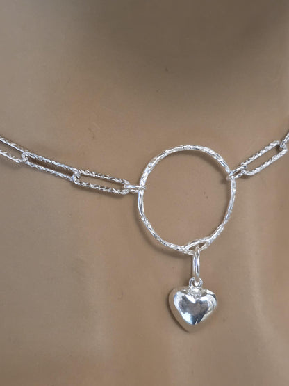 Sterling Silver Day Collar O Ring Necklace with Heart Charm, BDSM Romantic Partner Jewelry