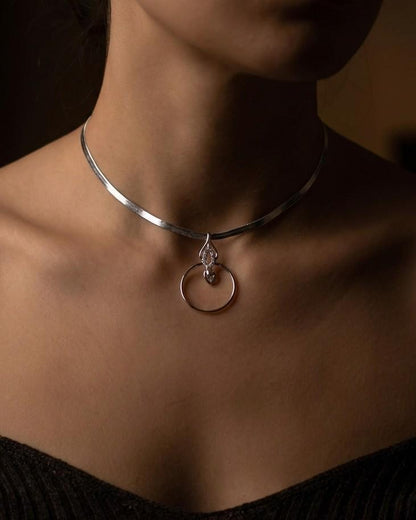 Rhodium Plated Sterling Silver Day Collar O Ring Necklace with Heart Charm, BDSM Romantic Partner Jewelry