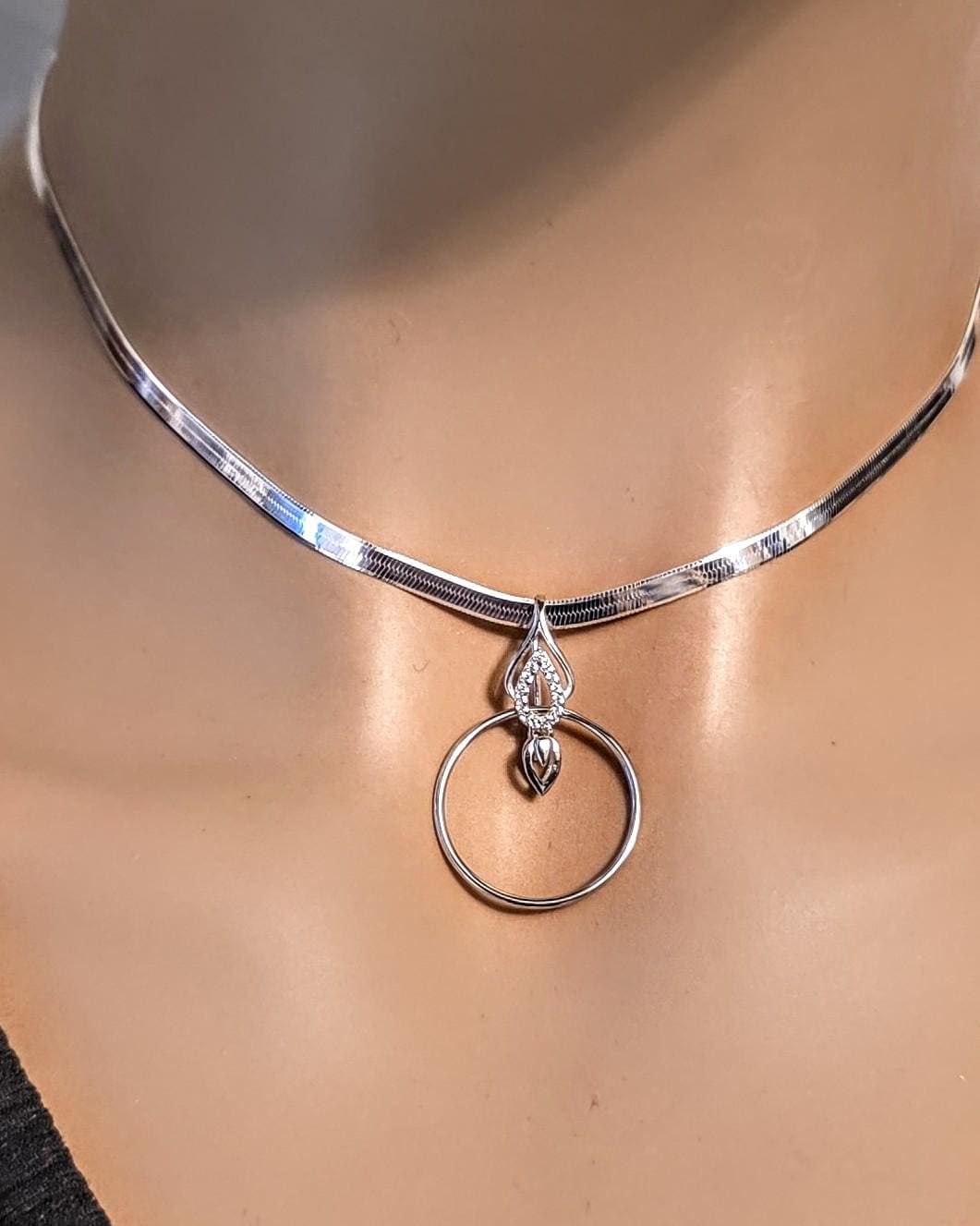 Rhodium Plated Sterling Silver Day Collar O Ring Necklace with Heart Charm, BDSM Romantic Partner Jewelry