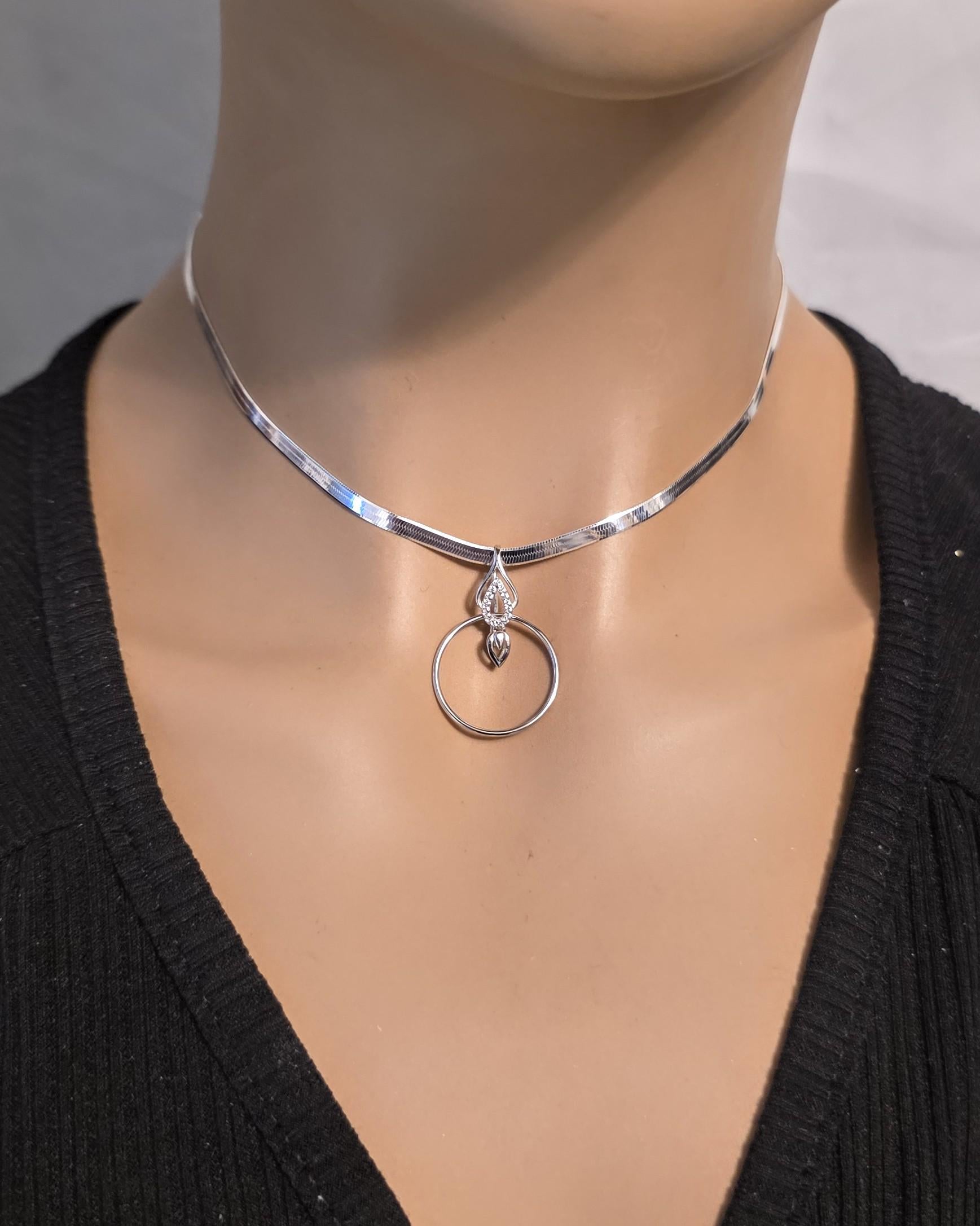 Rhodium Plated Sterling Silver Day Collar O Ring Necklace with Heart Charm, BDSM Romantic Partner Jewelry