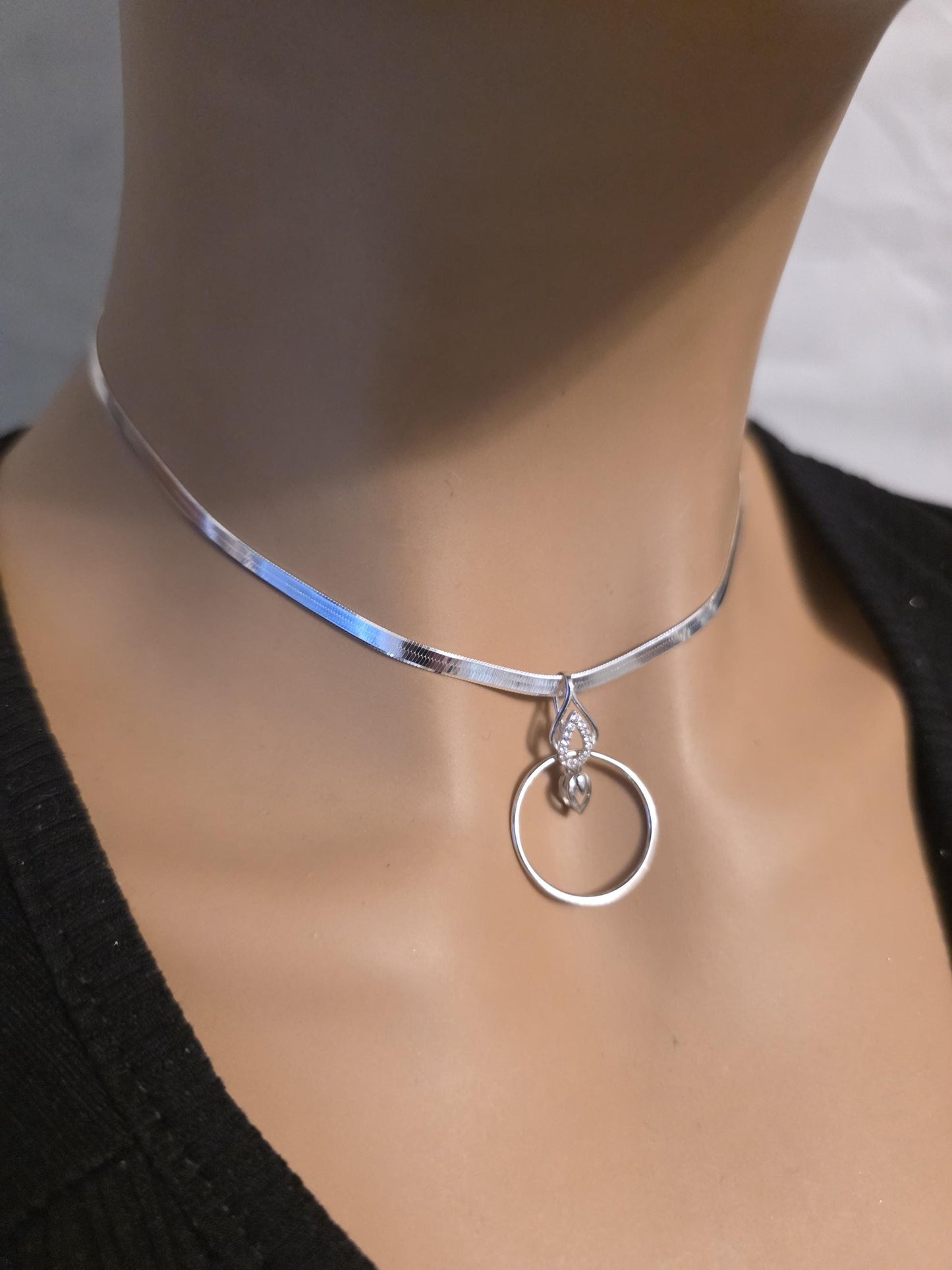 Rhodium Plated Sterling Silver Day Collar O Ring Necklace with Heart Charm, BDSM Romantic Partner Jewelry