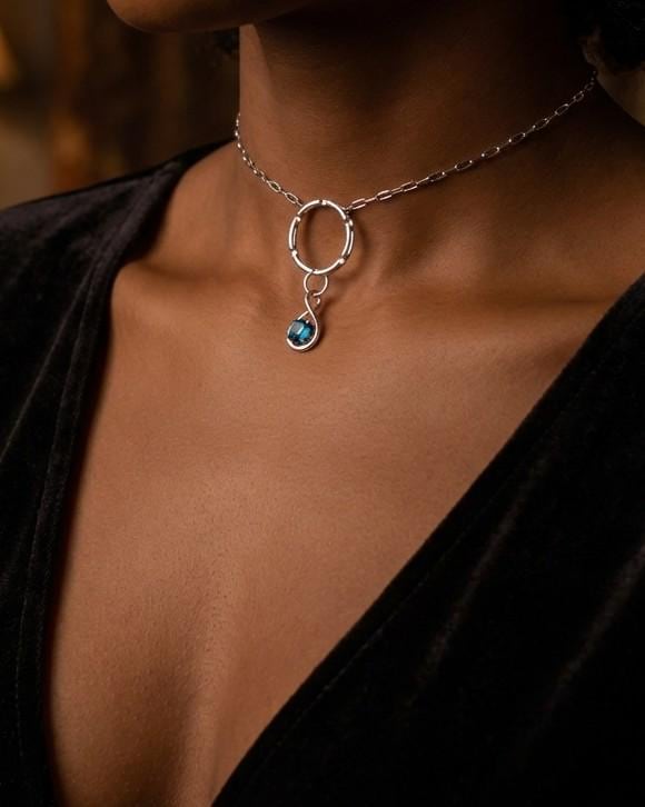 Sterling Silver Day Collar Necklace with Cubic Zirconia Charm, BDSM Romantic Partner Jewelry