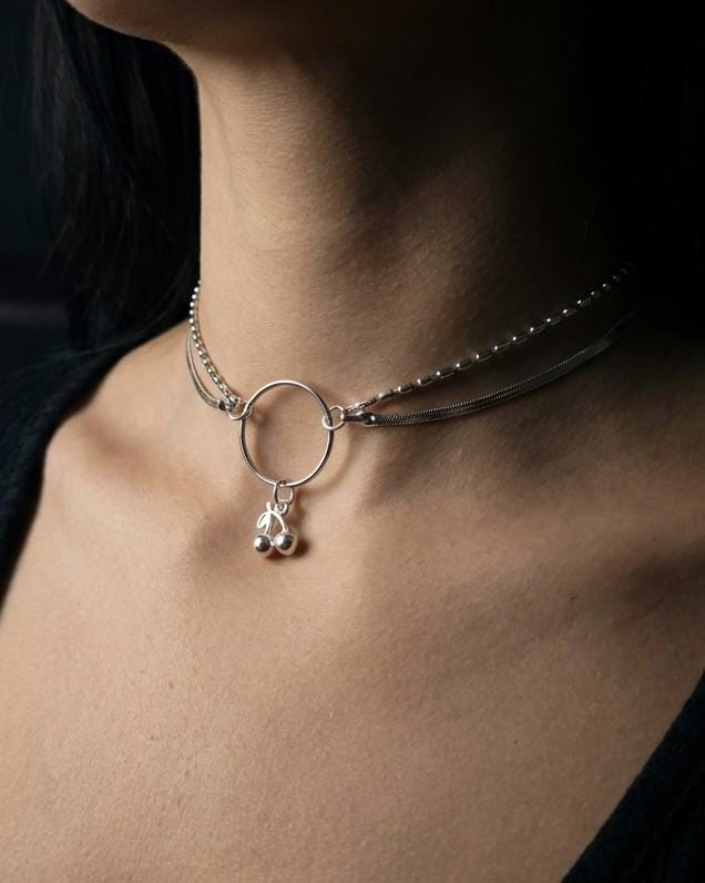 Rhodium Plated Sterling Silver Day Collar O Ring Necklace with Cherries Charm, BDSM Romantic Partner Jewelry