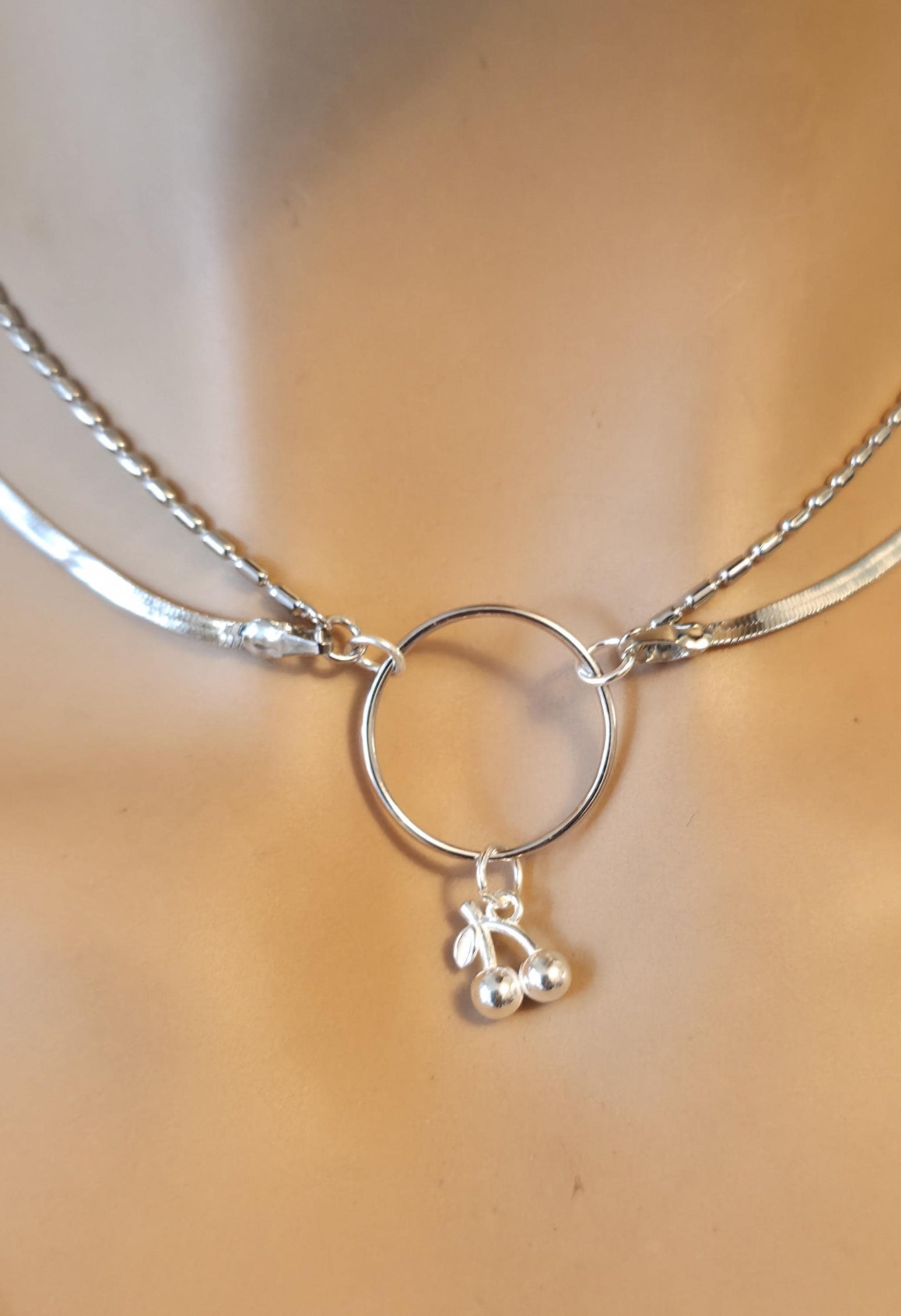 Rhodium Plated Sterling Silver Day Collar O Ring Necklace with Cherries Charm, BDSM Romantic Partner Jewelry