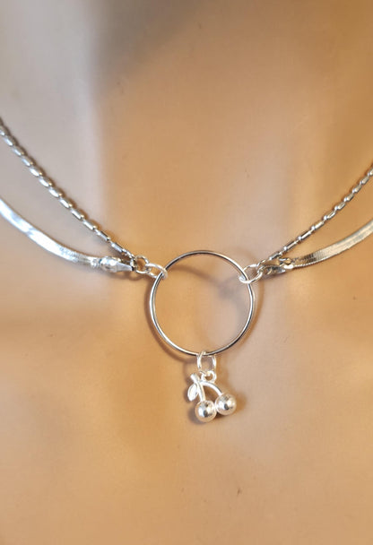 Rhodium Plated Sterling Silver Day Collar O Ring Necklace with Cherries Charm, BDSM Romantic Partner Jewelry