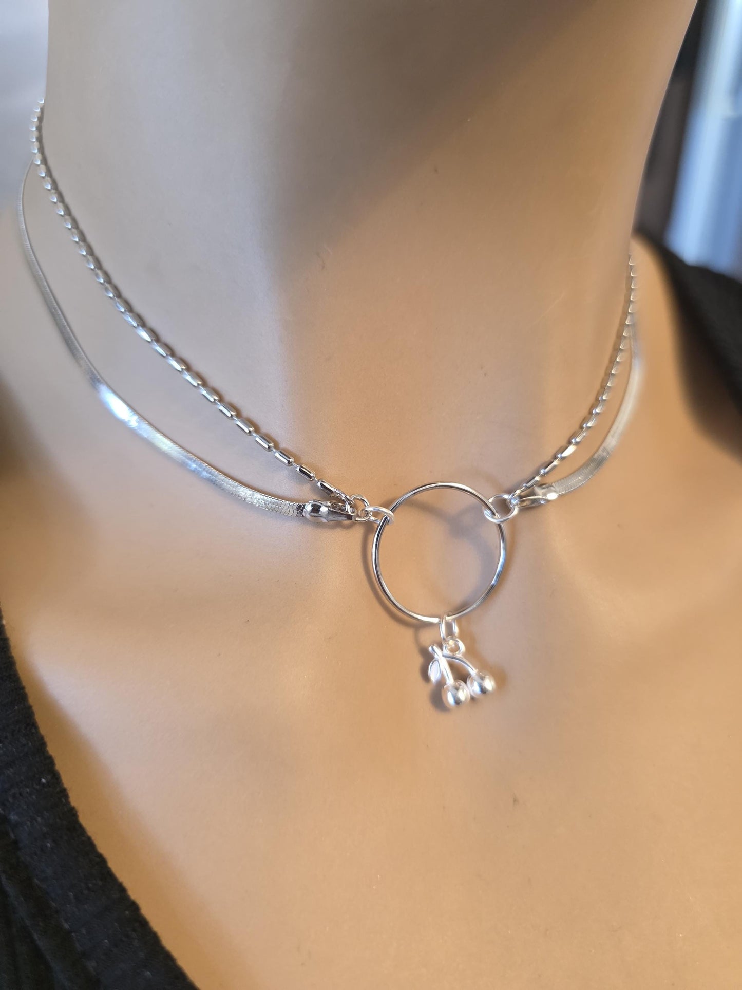 Rhodium Plated Sterling Silver Day Collar O Ring Necklace with Cherries Charm, BDSM Romantic Partner Jewelry