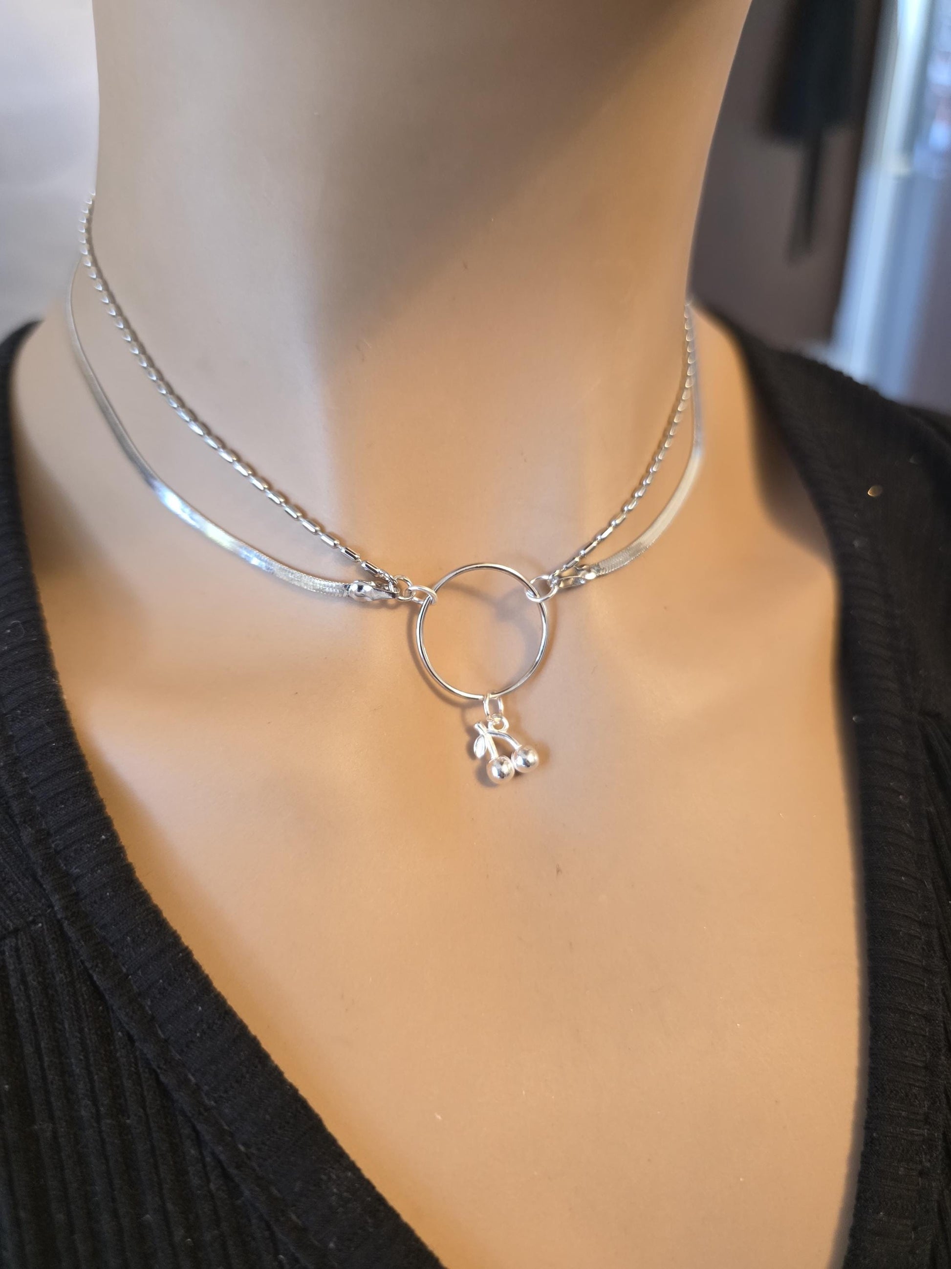 Rhodium Plated Sterling Silver Day Collar O Ring Necklace with Cherries Charm, BDSM Romantic Partner Jewelry