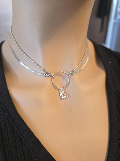 Rhodium Plated Sterling Silver Day Collar O Ring Necklace with Cherries Charm, BDSM Romantic Partner Jewelry