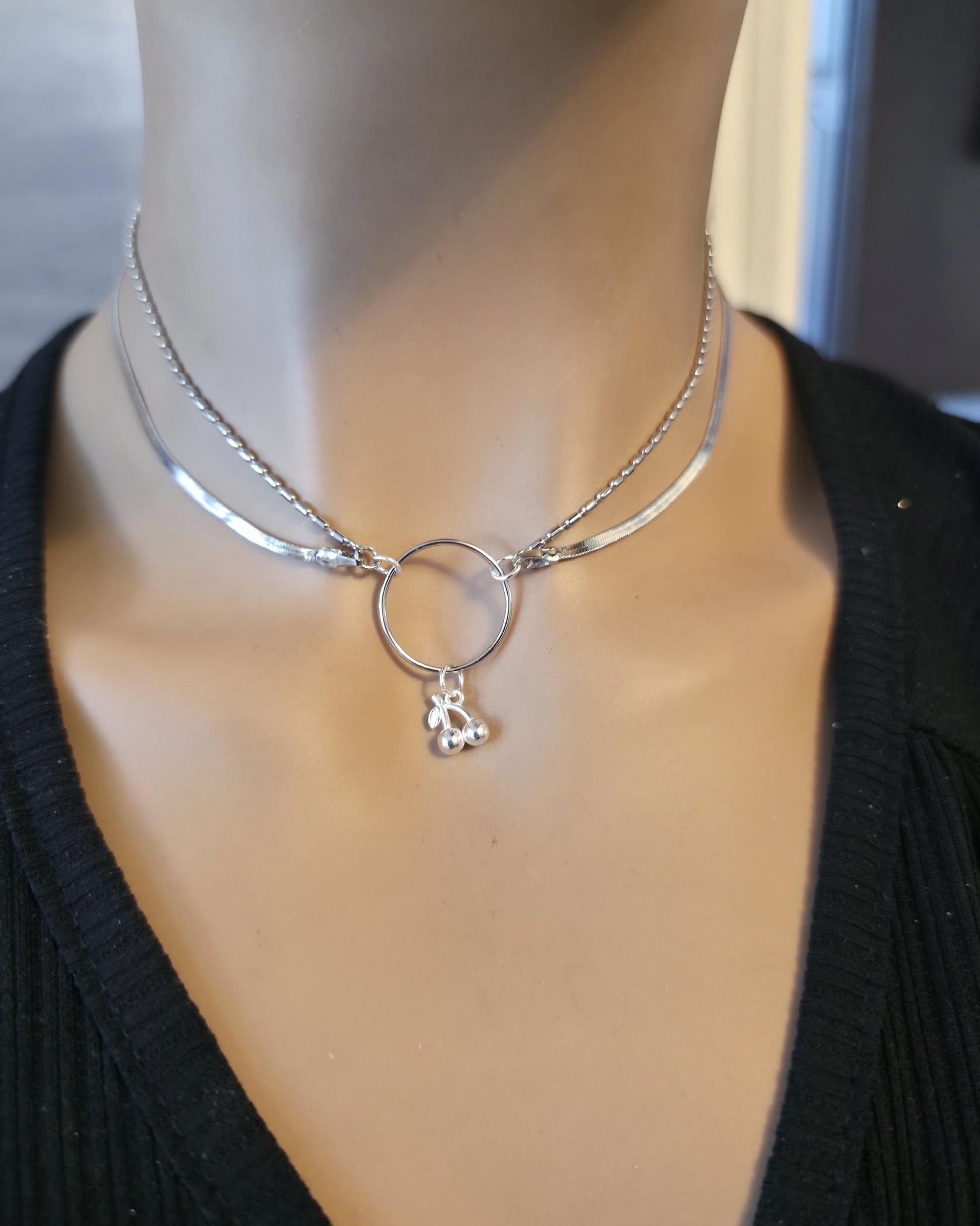 Rhodium Plated Sterling Silver Day Collar O Ring Necklace with Cherries Charm, BDSM Romantic Partner Jewelry