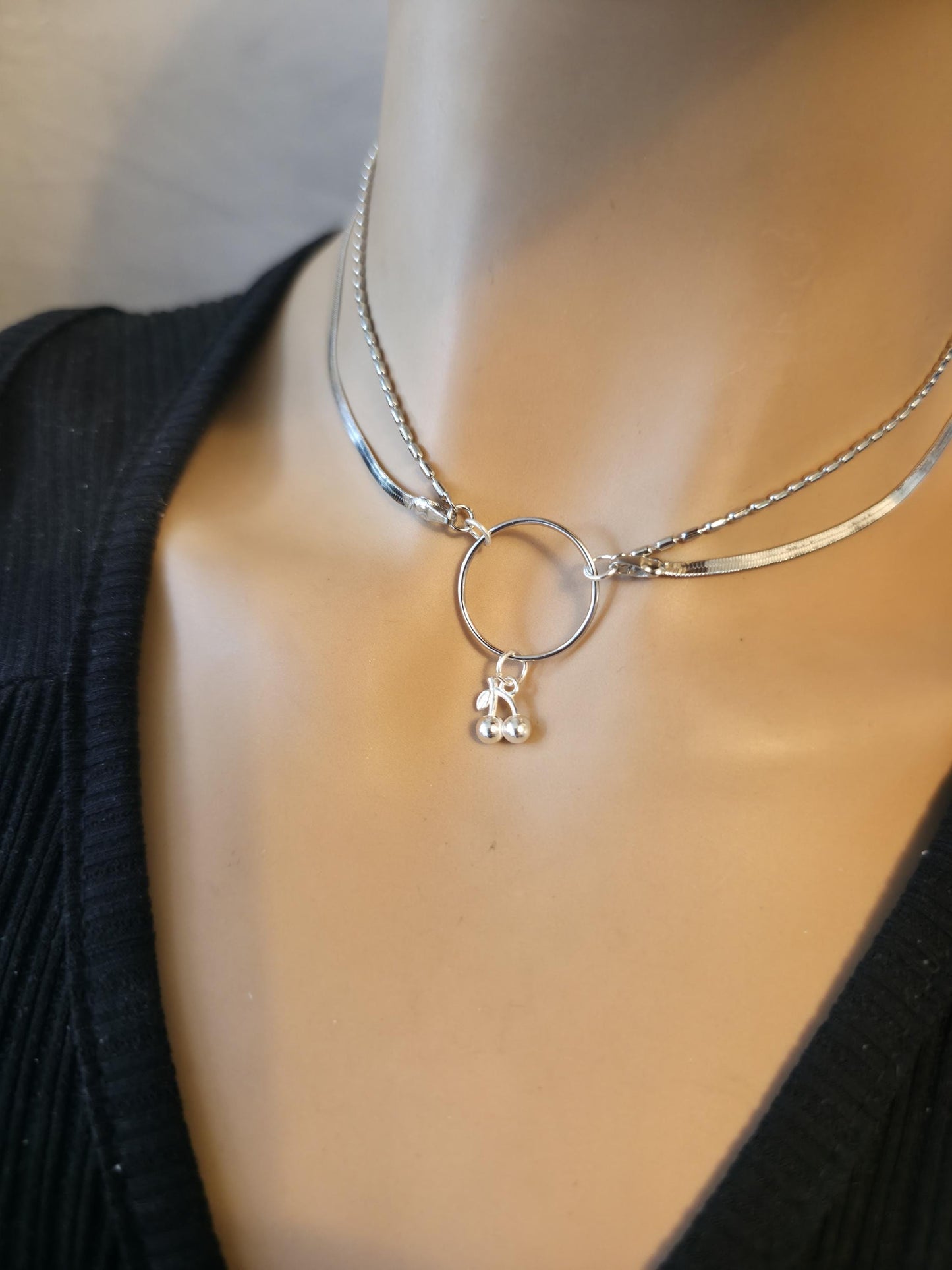 Rhodium Plated Sterling Silver Day Collar O Ring Necklace with Cherries Charm, BDSM Romantic Partner Jewelry