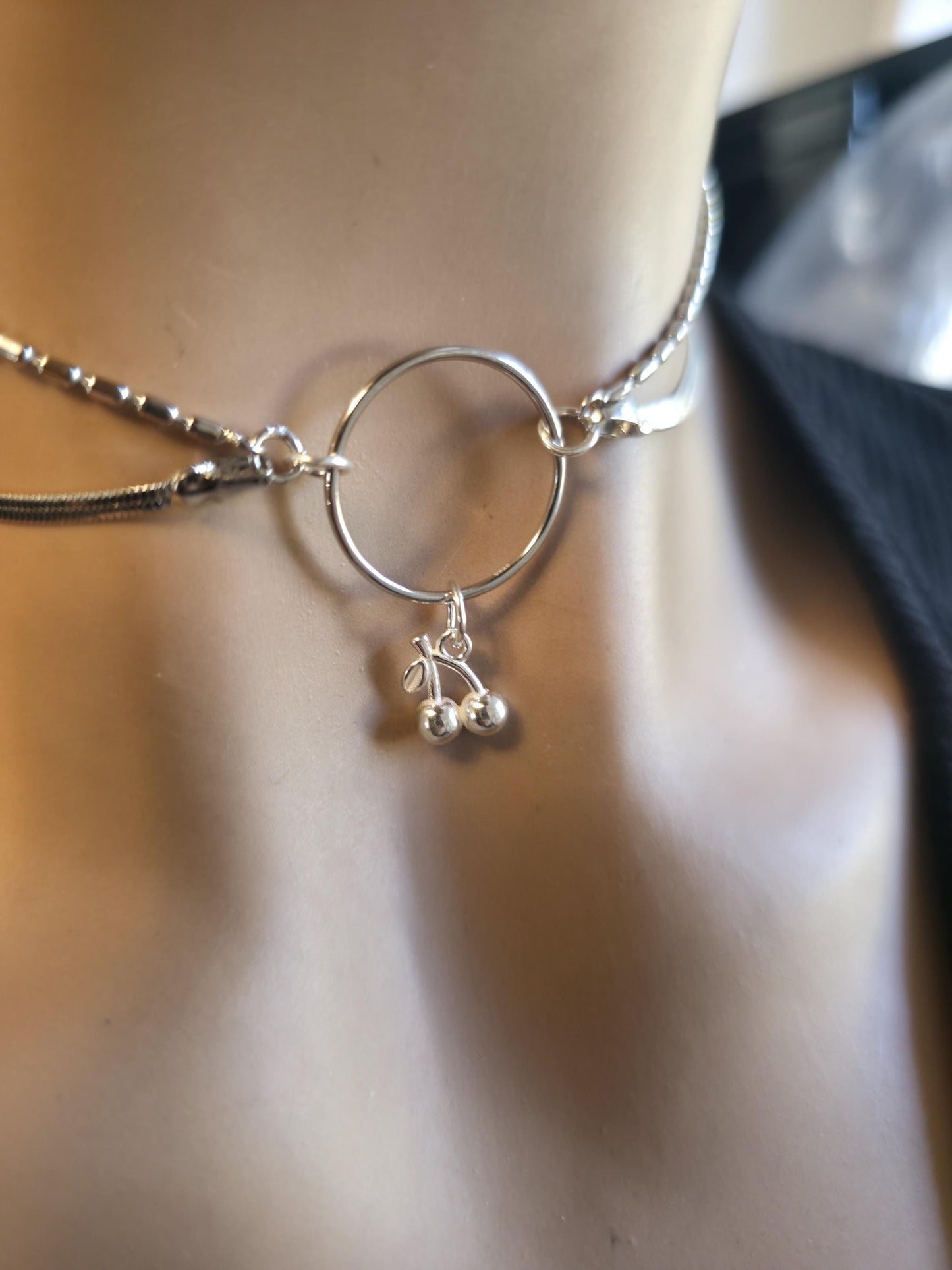 Rhodium Plated Sterling Silver Day Collar O Ring Necklace with Cherries Charm, BDSM Romantic Partner Jewelry